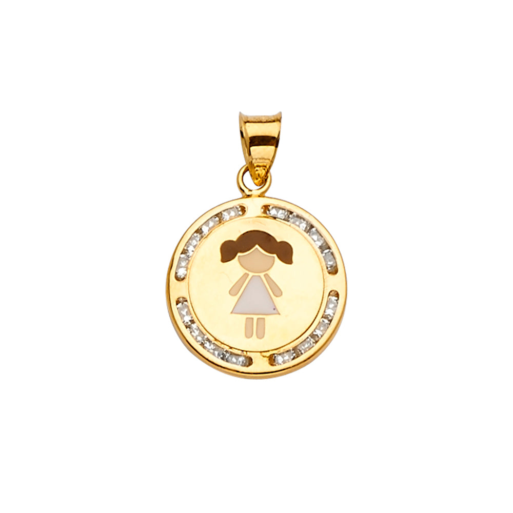 14K Yellow Gold Cubic Zirconia Enamel Girl Pendant