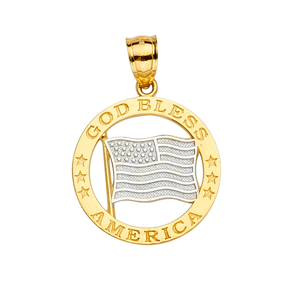 14K Two Tone Gold "God Bless America" Flag Pendant