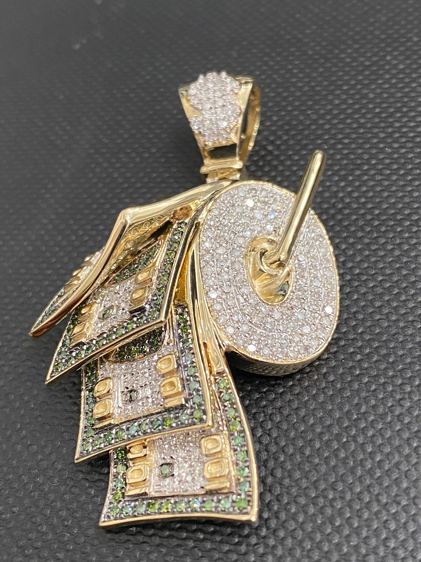 Roll of Money Pendant, 10k Yellow Gold Diamond Roll Of Money Pendant 2 Mens 100 Dollar Charm 1.35 Ct