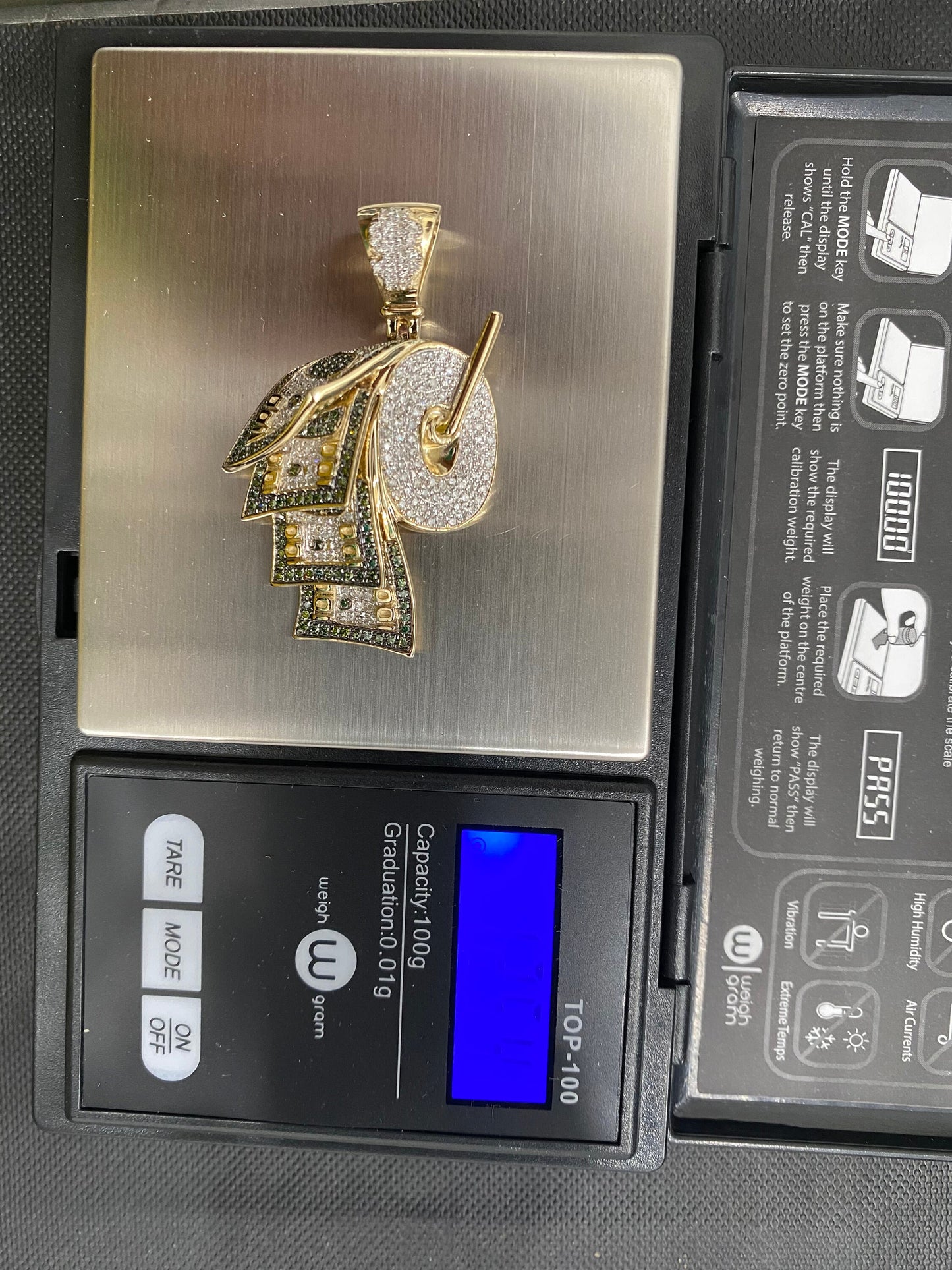 Roll of Money Pendant, 10k Yellow Gold Diamond Roll Of Money Pendant 2 Mens 100 Dollar Charm 1.35 Ct