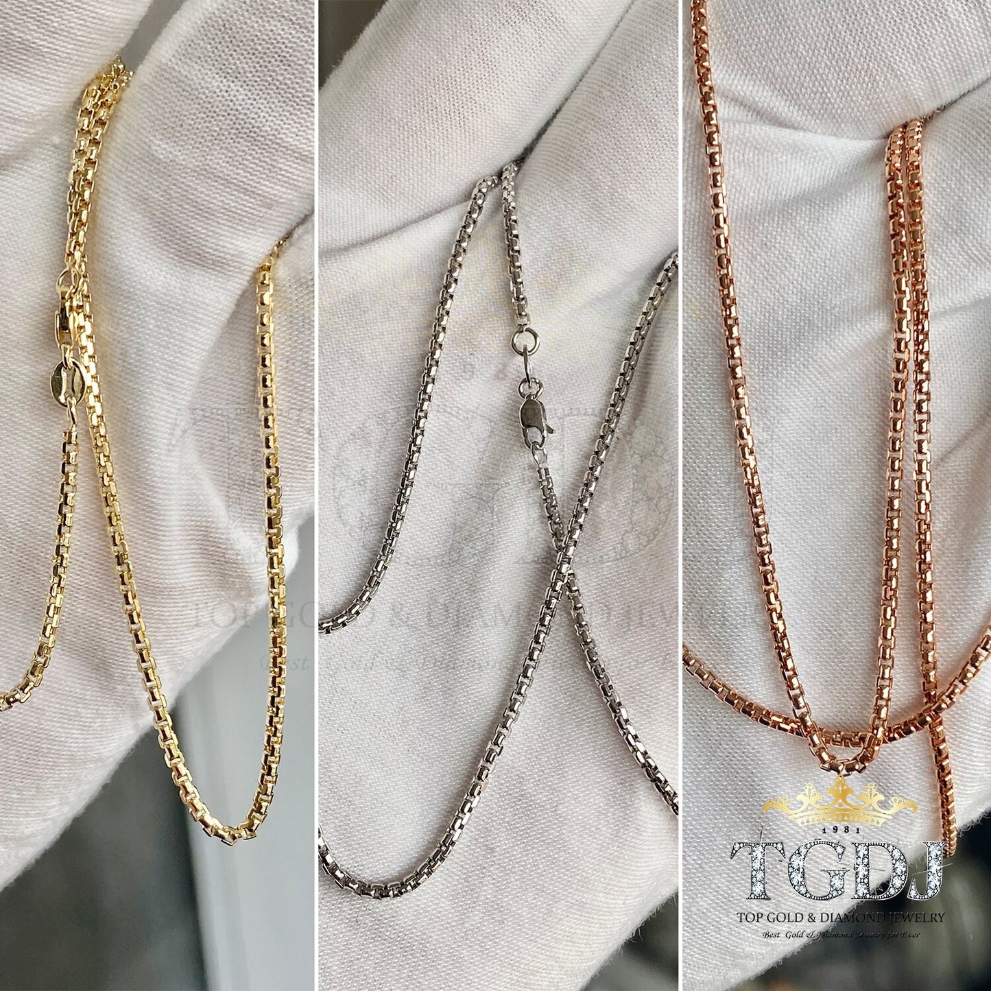 Gold Box Chian - 14K Yellow Gold 1.8MM Box Chain Yellow / White / Rose Gold Round Box D.C Chain Necklace 16-24"