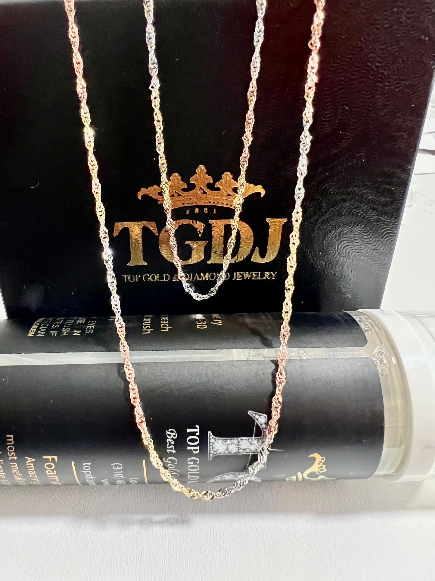 14k Singapore Chain - Gold Yellow/ White / Tri Color 1.8mm Singapore Chain Necklace with Lobster Claw Clasp