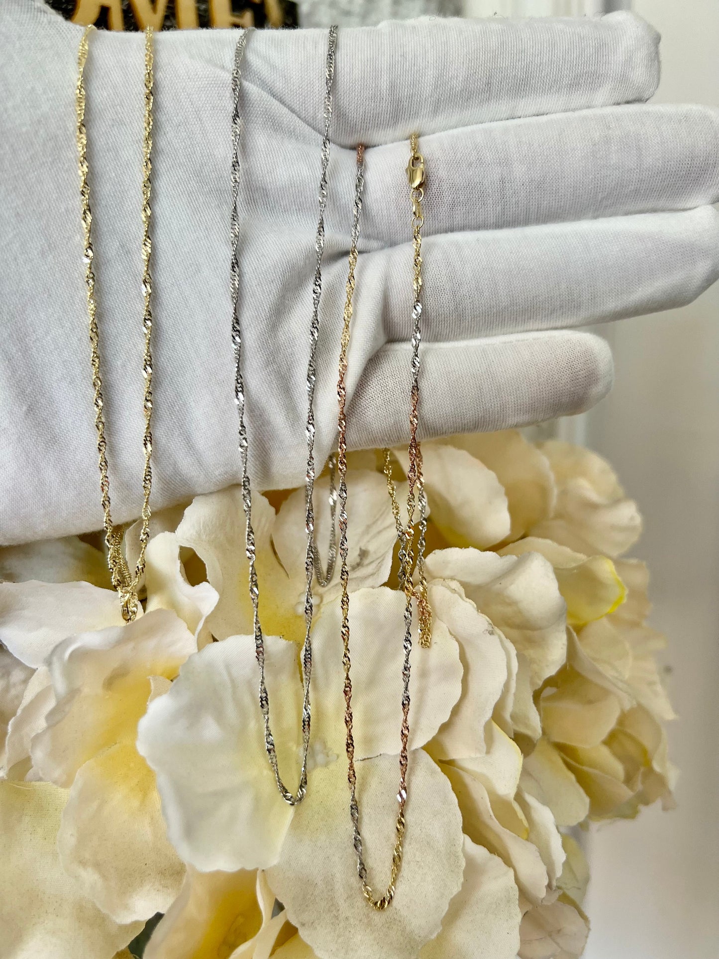 14k Singapore Chain - Gold Yellow/ White / Tri Color 1.8mm Singapore Chain Necklace with Lobster Claw Clasp