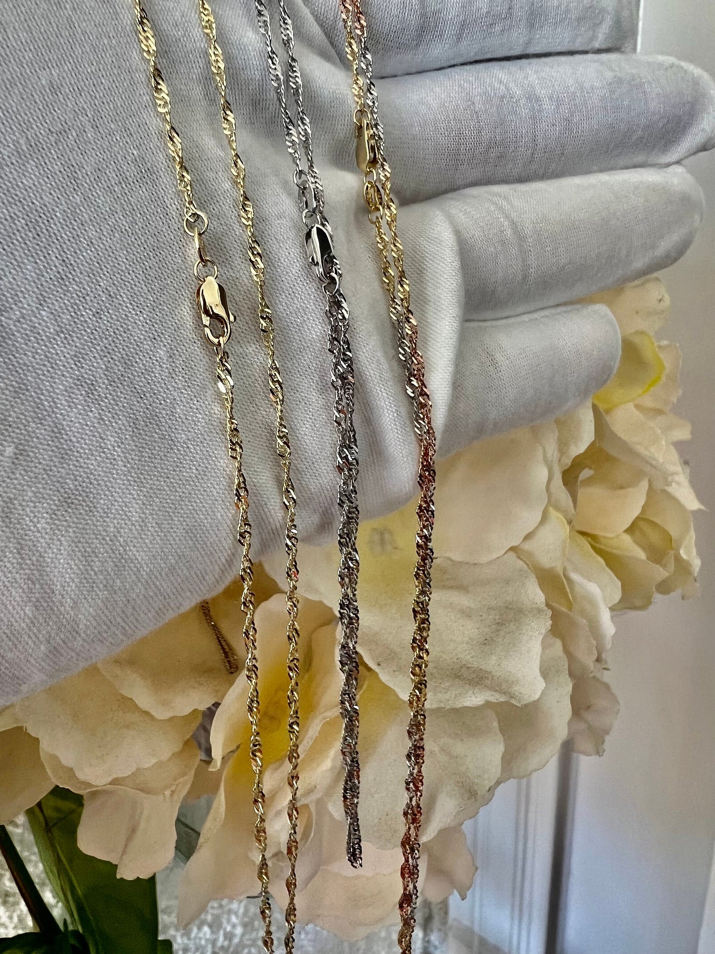 14k Singapore Chain - Gold Yellow/ White / Tri Color 1.8mm Singapore Chain Necklace with Lobster Claw Clasp