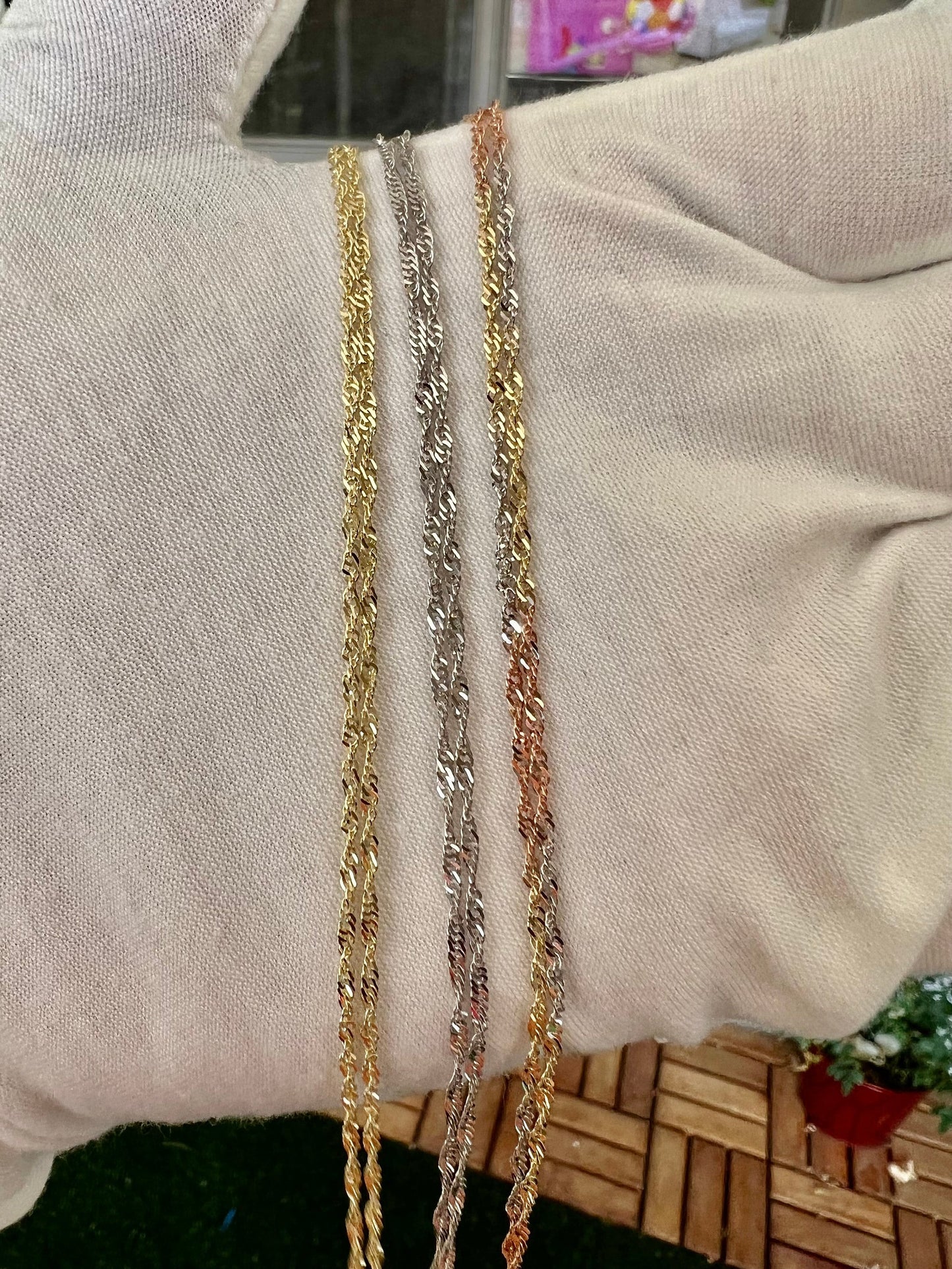 14k Singapore Chain - Gold Yellow/ White / Tri Color 1.8mm Singapore Chain Necklace with Lobster Claw Clasp