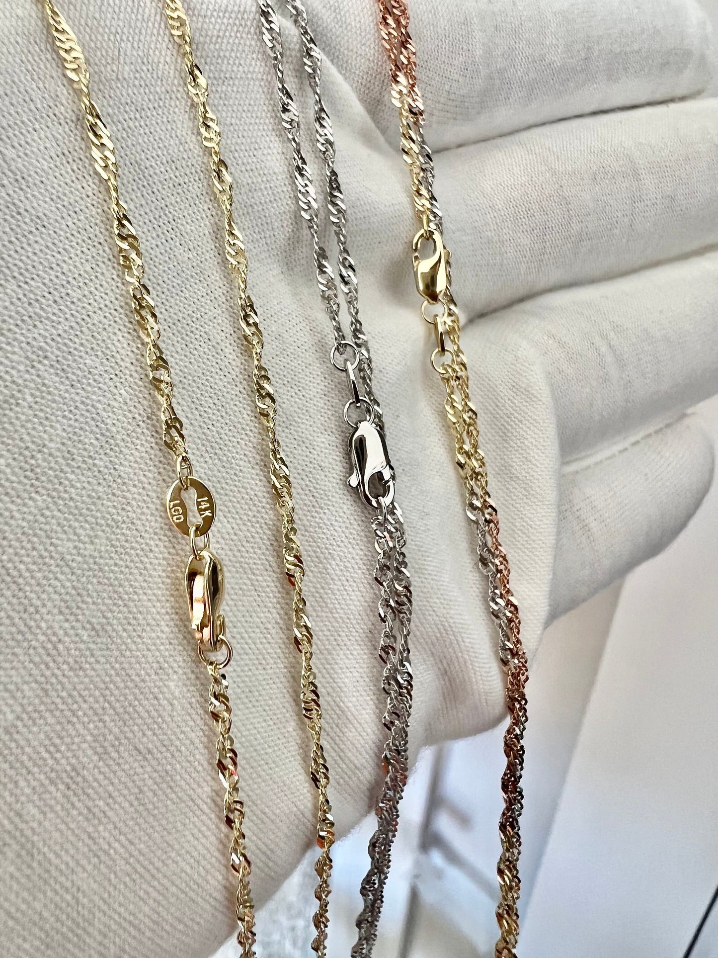 14k Singapore Chain - Gold Yellow/ White / Tri Color 1.8mm Singapore Chain Necklace with Lobster Claw Clasp