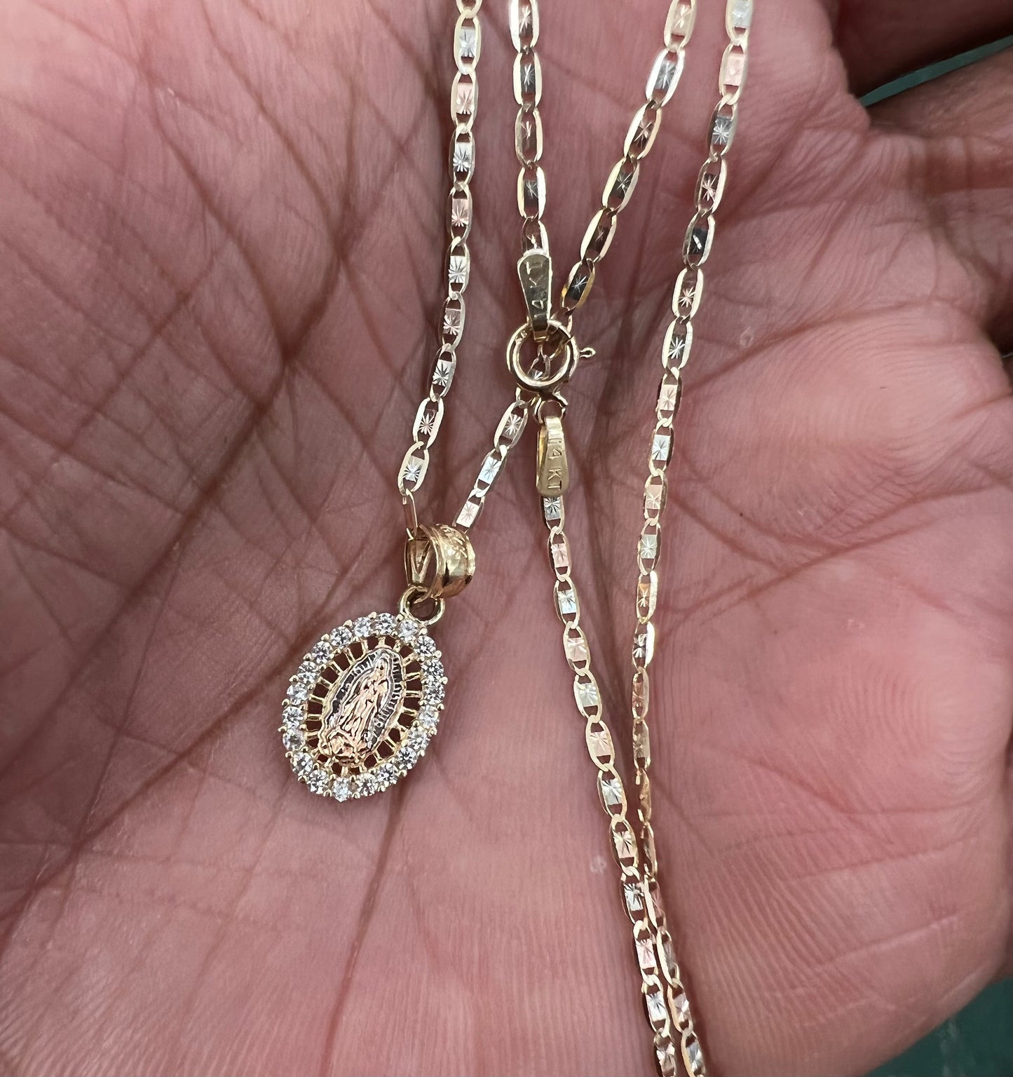 Our Lady of Guadalupe Pendant , 14k Tri-color Gold Religious Our Lady of Guadalupe Pendant with 1.5mm Valentino Diamond Cut Chain Necklace