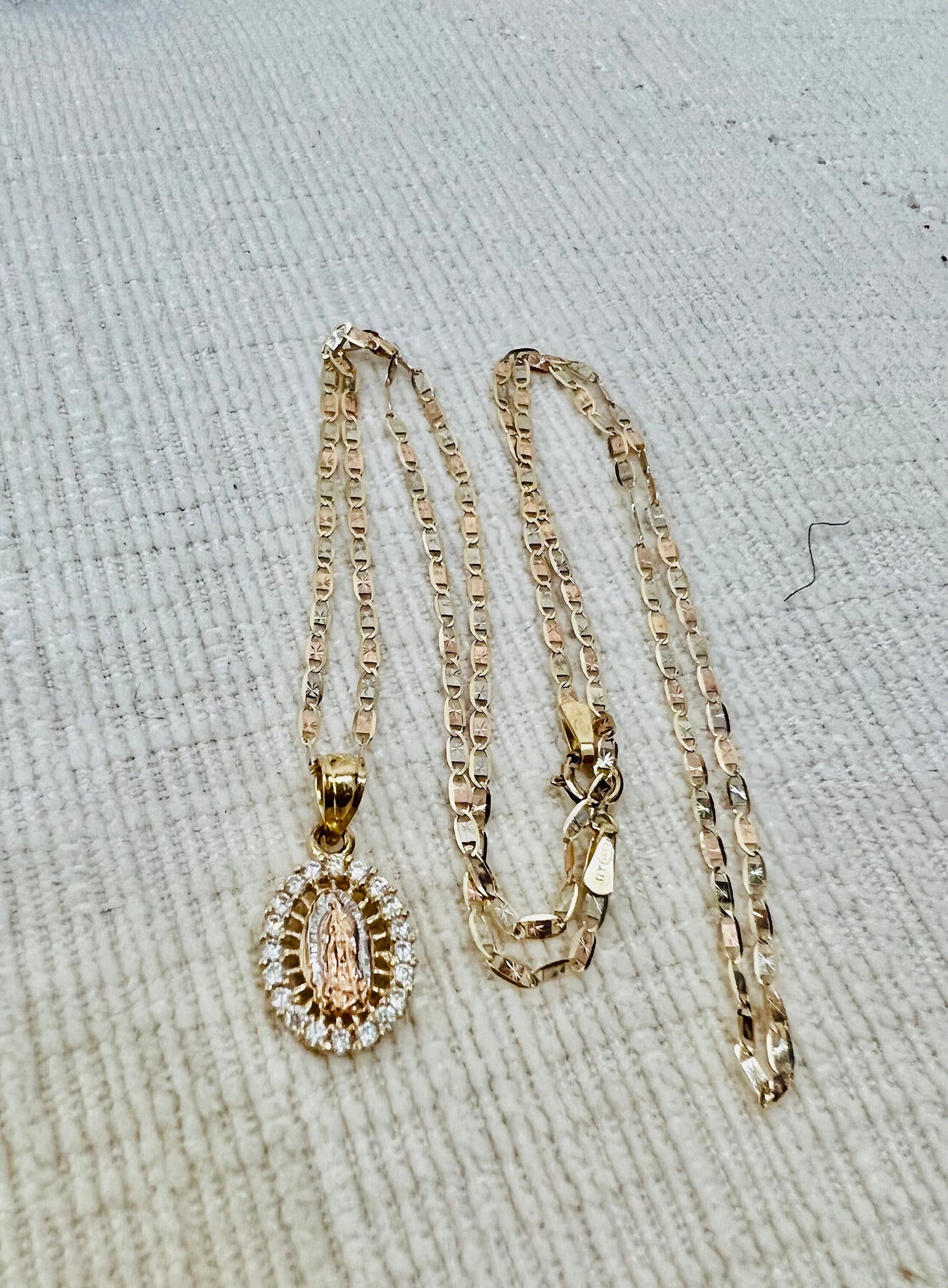 Our Lady of Guadalupe Pendant , 14k Tri-color Gold Religious Our Lady of Guadalupe Pendant with 1.5mm Valentino Diamond Cut Chain Necklace