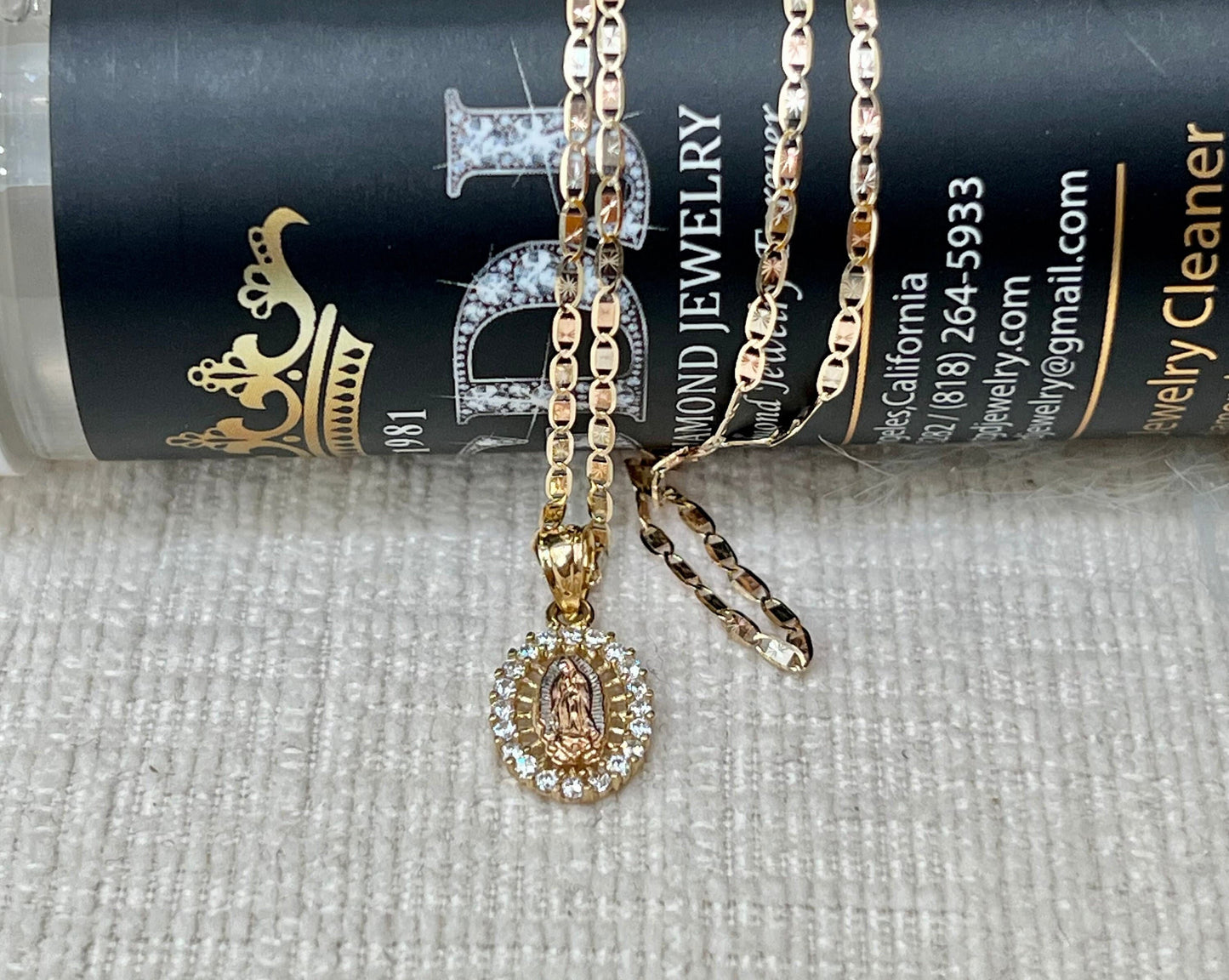 Our Lady of Guadalupe Pendant , 14k Tri-color Gold Religious Our Lady of Guadalupe Pendant with 1.5mm Valentino Diamond Cut Chain Necklace