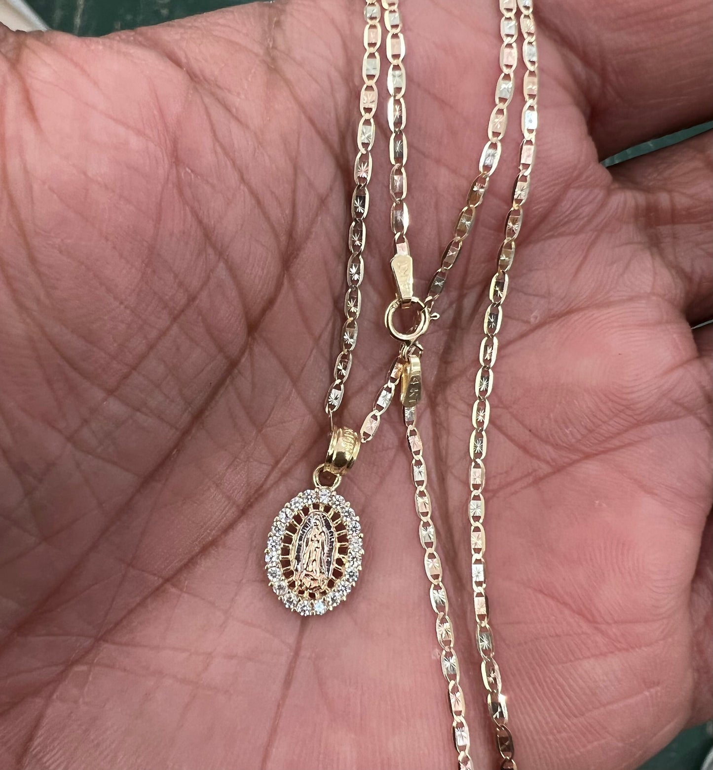 Our Lady of Guadalupe Pendant , 14k Tri-color Gold Religious Our Lady of Guadalupe Pendant with 1.5mm Valentino Diamond Cut Chain Necklace