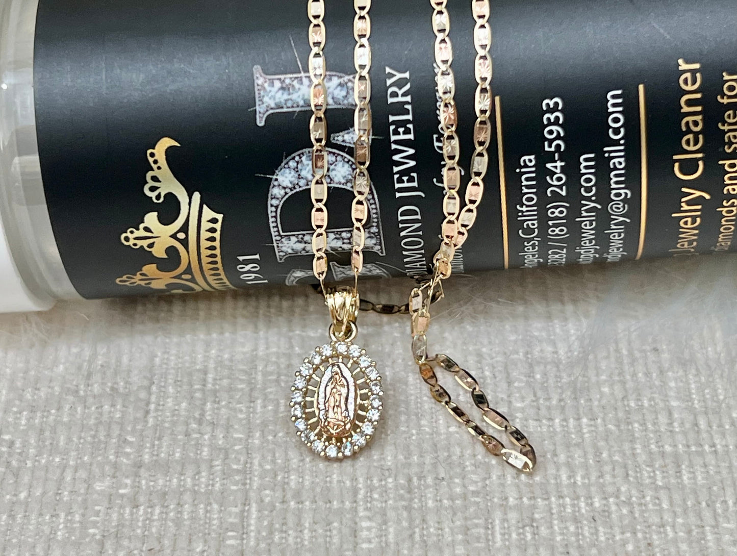 Our Lady of Guadalupe Pendant , 14k Tri-color Gold Religious Our Lady of Guadalupe Pendant with 1.5mm Valentino Diamond Cut Chain Necklace