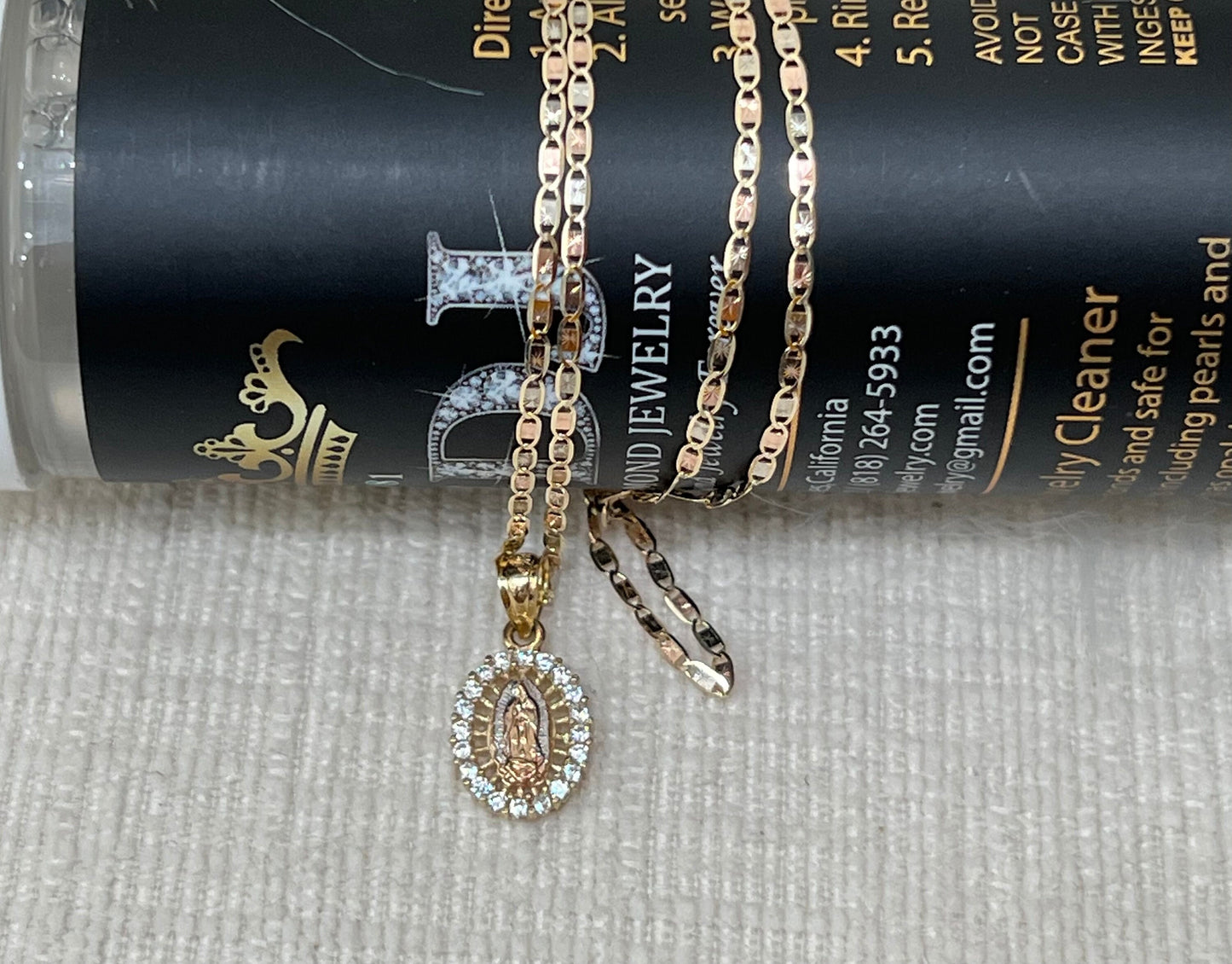 Our Lady of Guadalupe Pendant , 14k Tri-color Gold Religious Our Lady of Guadalupe Pendant with 1.5mm Valentino Diamond Cut Chain Necklace