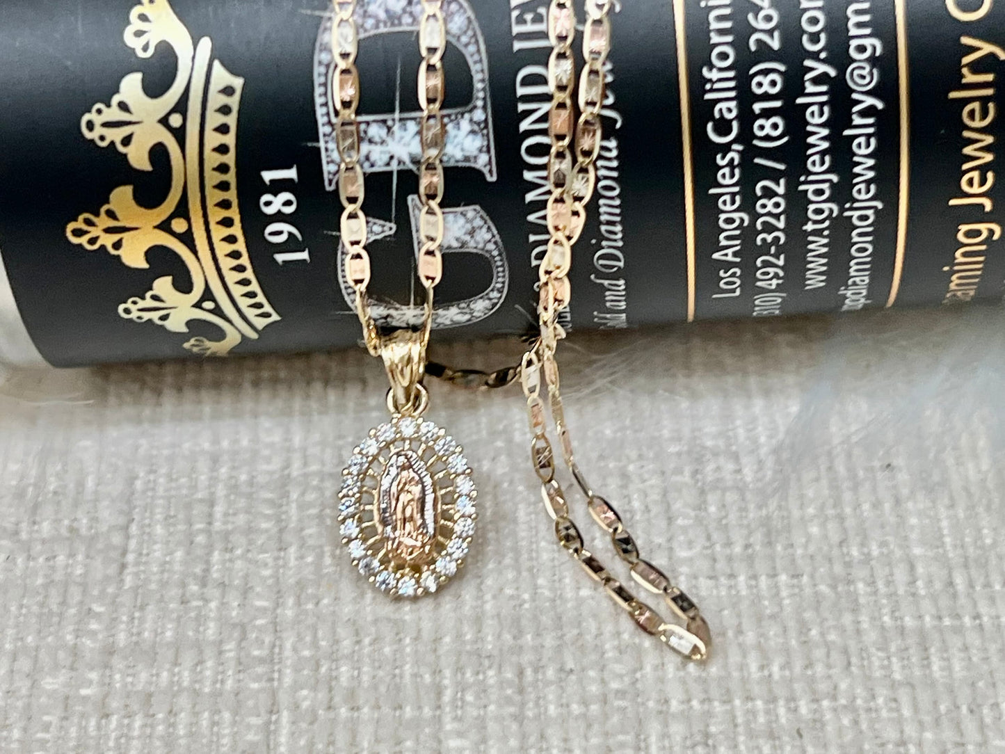 Our Lady of Guadalupe Pendant , 14k Tri-color Gold Religious Our Lady of Guadalupe Pendant with 1.5mm Valentino Diamond Cut Chain Necklace