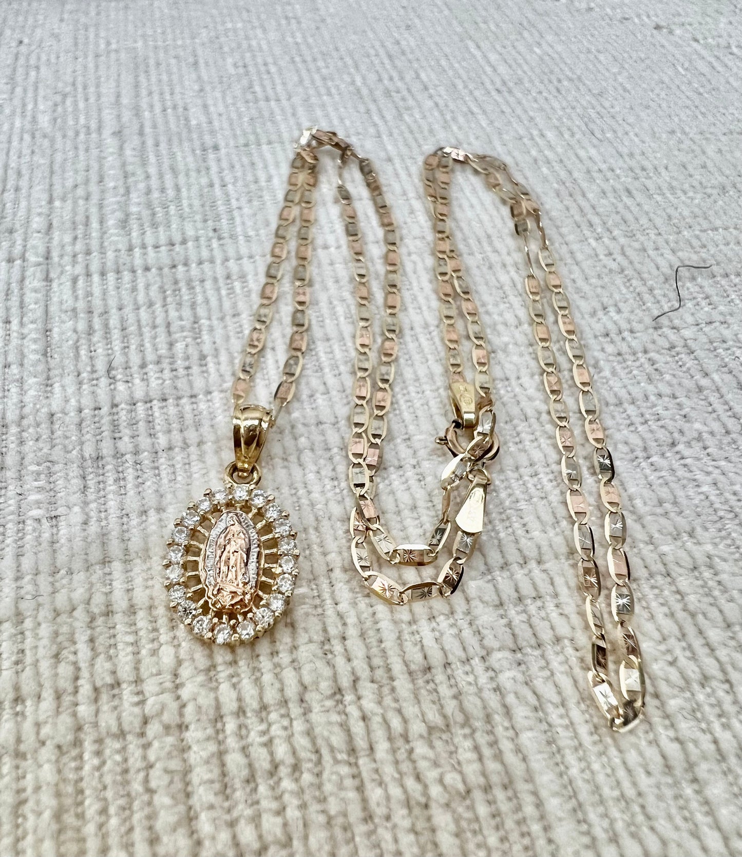 Our Lady of Guadalupe Pendant , 14k Tri-color Gold Religious Our Lady of Guadalupe Pendant with 1.5mm Valentino Diamond Cut Chain Necklace