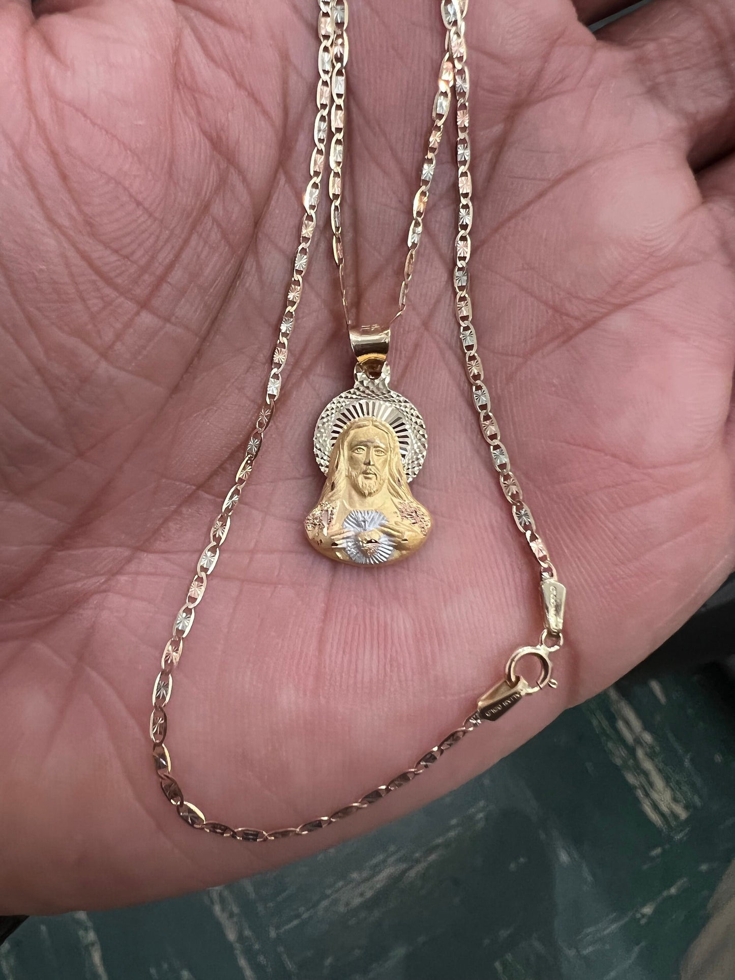 Jesus Stamp face Pendant , 14k Tri-color Gold Jesus Stamp Religious Pendant with 1.5mm Valentino Diamond Cut Chain Necklace
