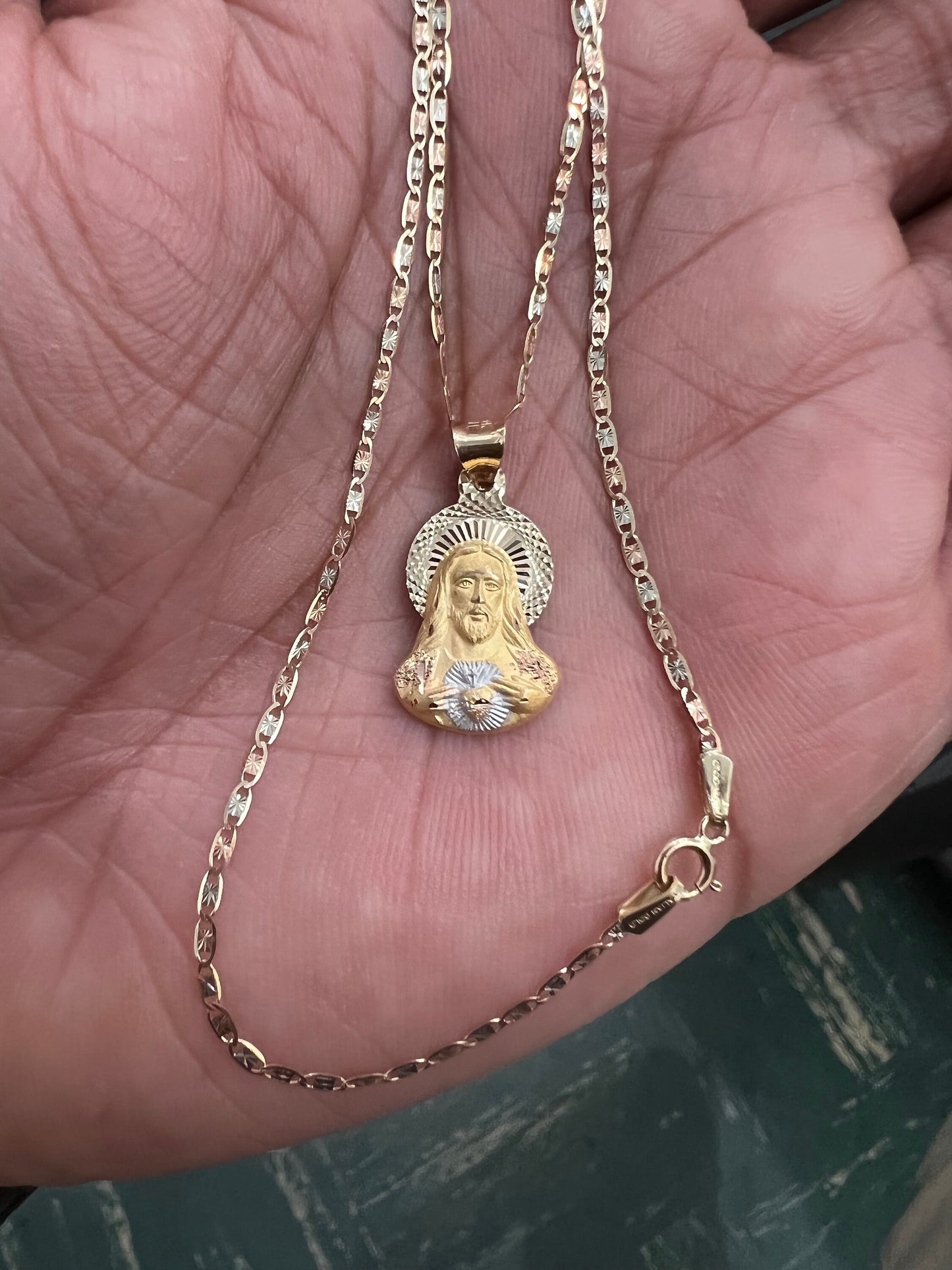 Jesus Stamp face Pendant , 14k Tri-color Gold Jesus Stamp Religious Pendant with 1.5mm Valentino Diamond Cut Chain Necklace