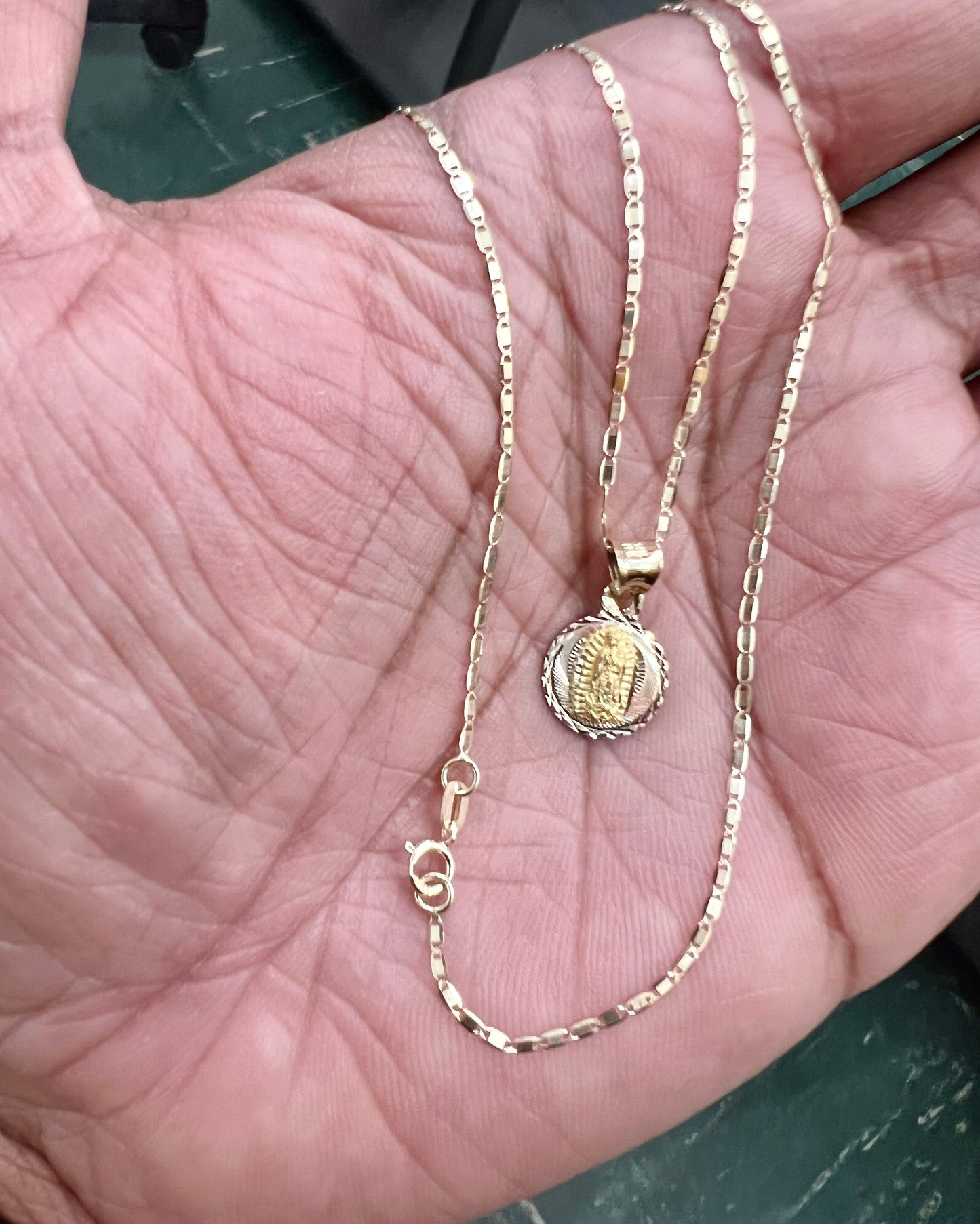 Our Lady of Guadalupe Pendant 14K Tri Tone Gold Lady Guadlupe Stamp Religious Charm Pendant with 1.5mm Valentino Diamond Cut Chain Necklace