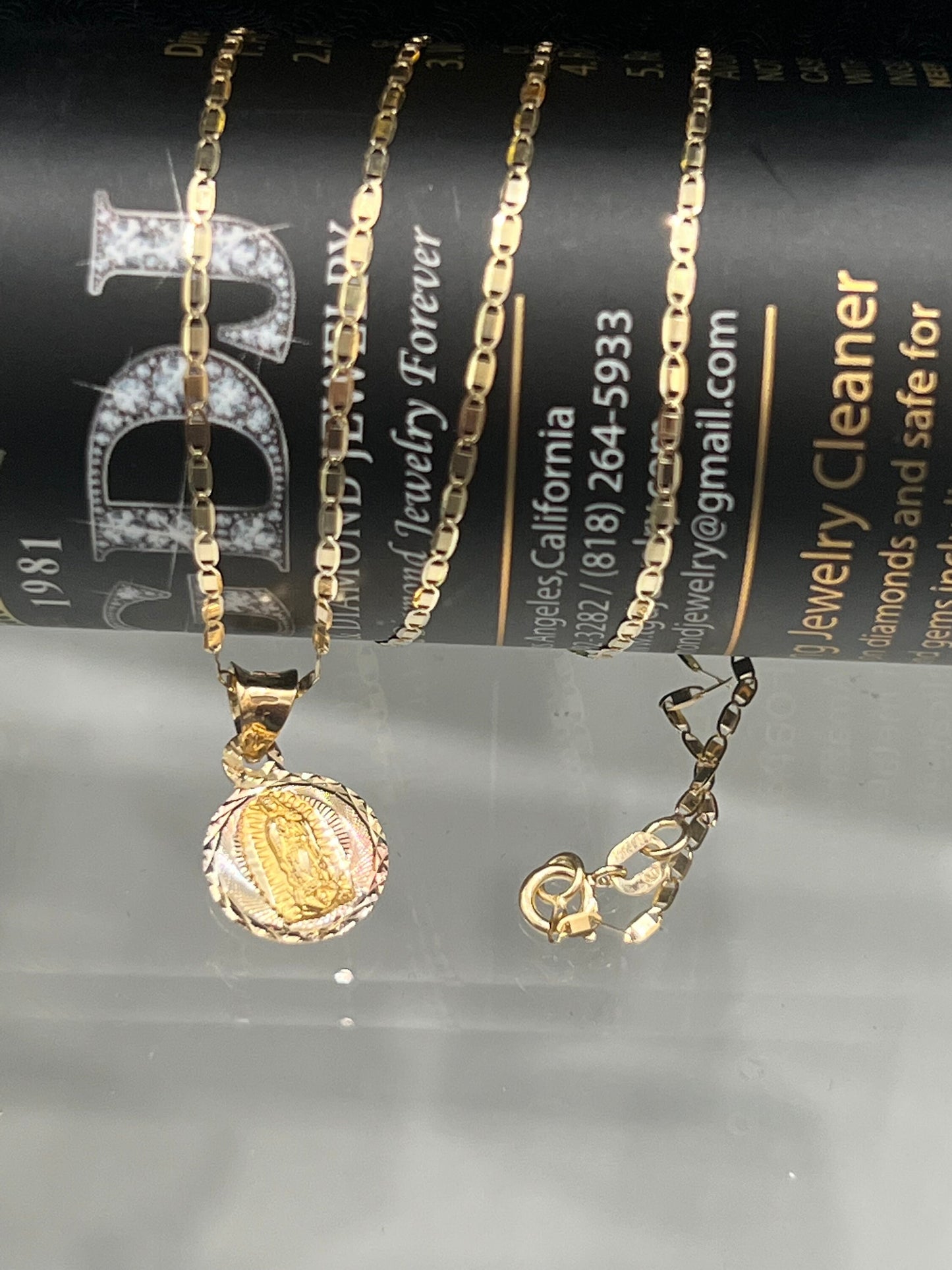 Our Lady of Guadalupe Pendant 14K Tri Tone Gold Lady Guadlupe Stamp Religious Charm Pendant with 1.5mm Valentino Diamond Cut Chain Necklace