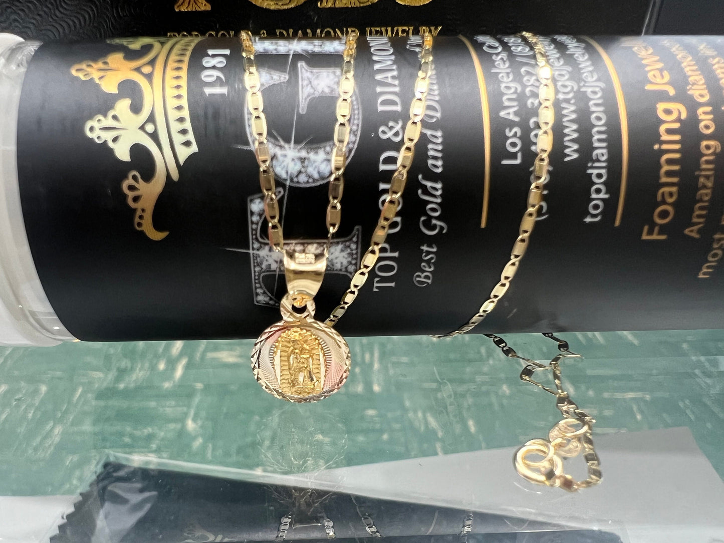 Our Lady of Guadalupe Pendant 14K Tri Tone Gold Lady Guadlupe Stamp Religious Charm Pendant with 1.5mm Valentino Diamond Cut Chain Necklace