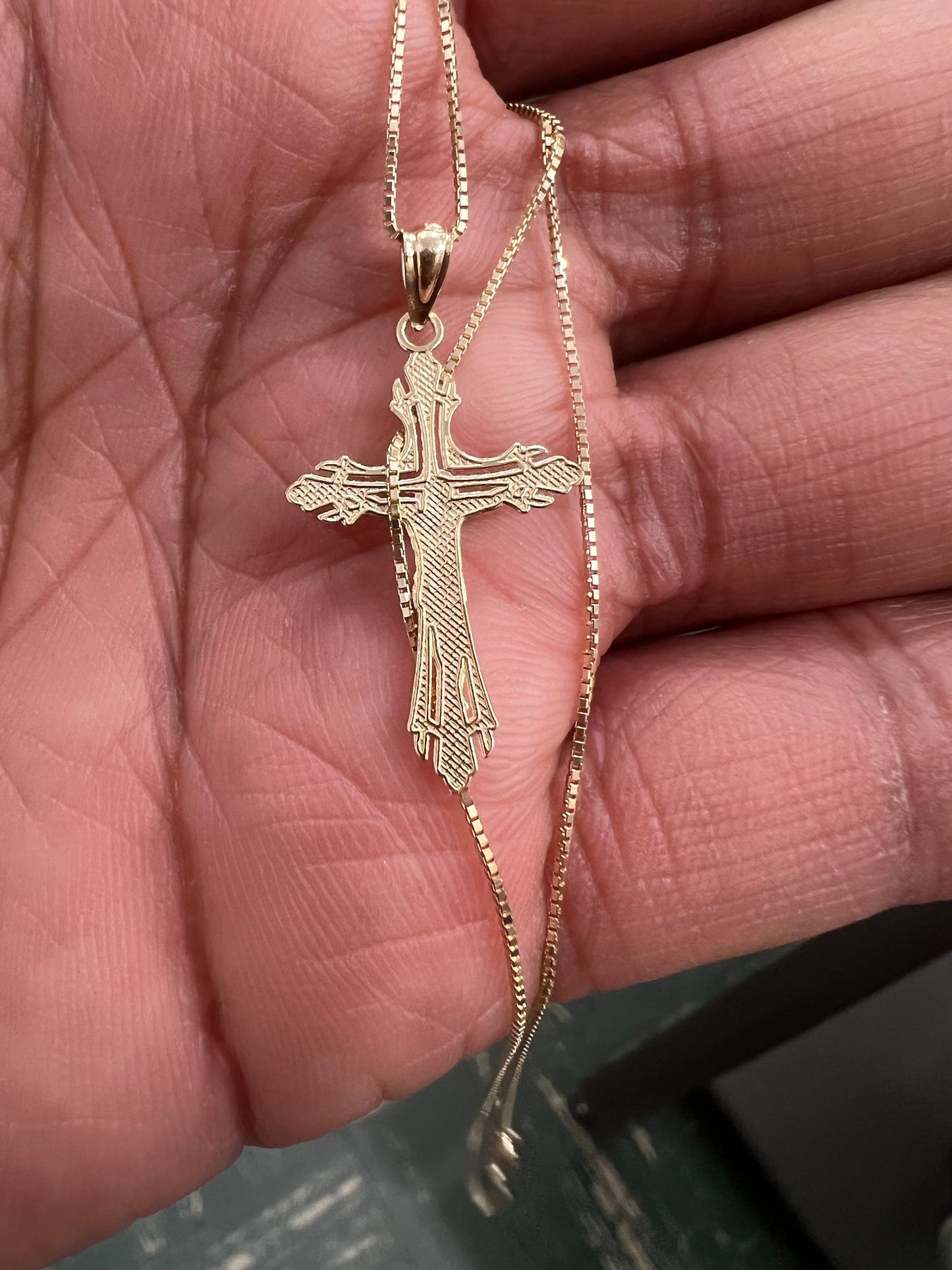 14K Real Gold Two Tone Linear Cross Jesus Crucifix Charm Pendant with 0.8mm Box Chain Necklace Crucifix Charm Pendant,