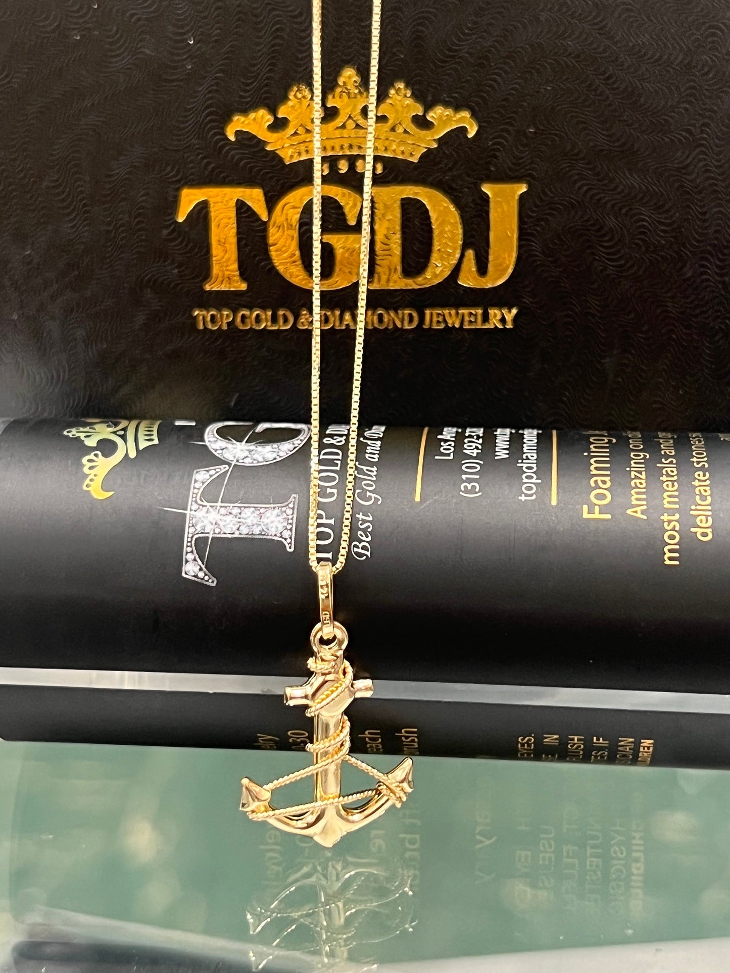 14K Real yellow Gold Anchor Charm Pendant with 0.8mm Box Chain Necklace , Anchor Charm Pendant ,