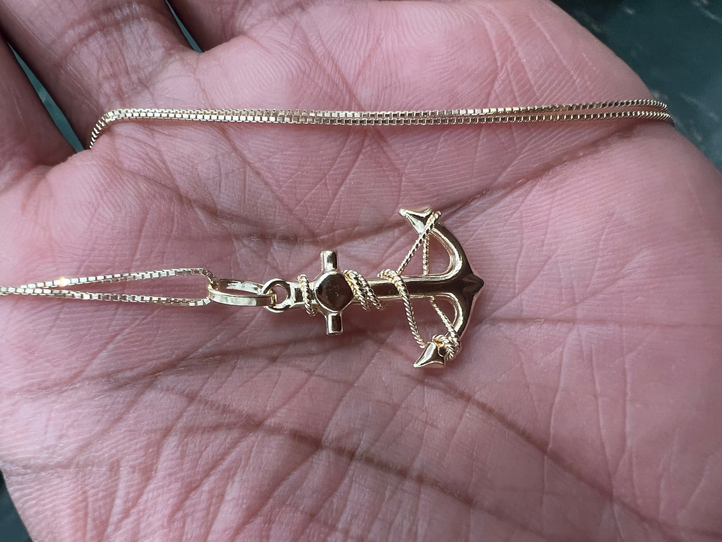 14K Real yellow Gold Anchor Charm Pendant with 0.8mm Box Chain Necklace , Anchor Charm Pendant ,