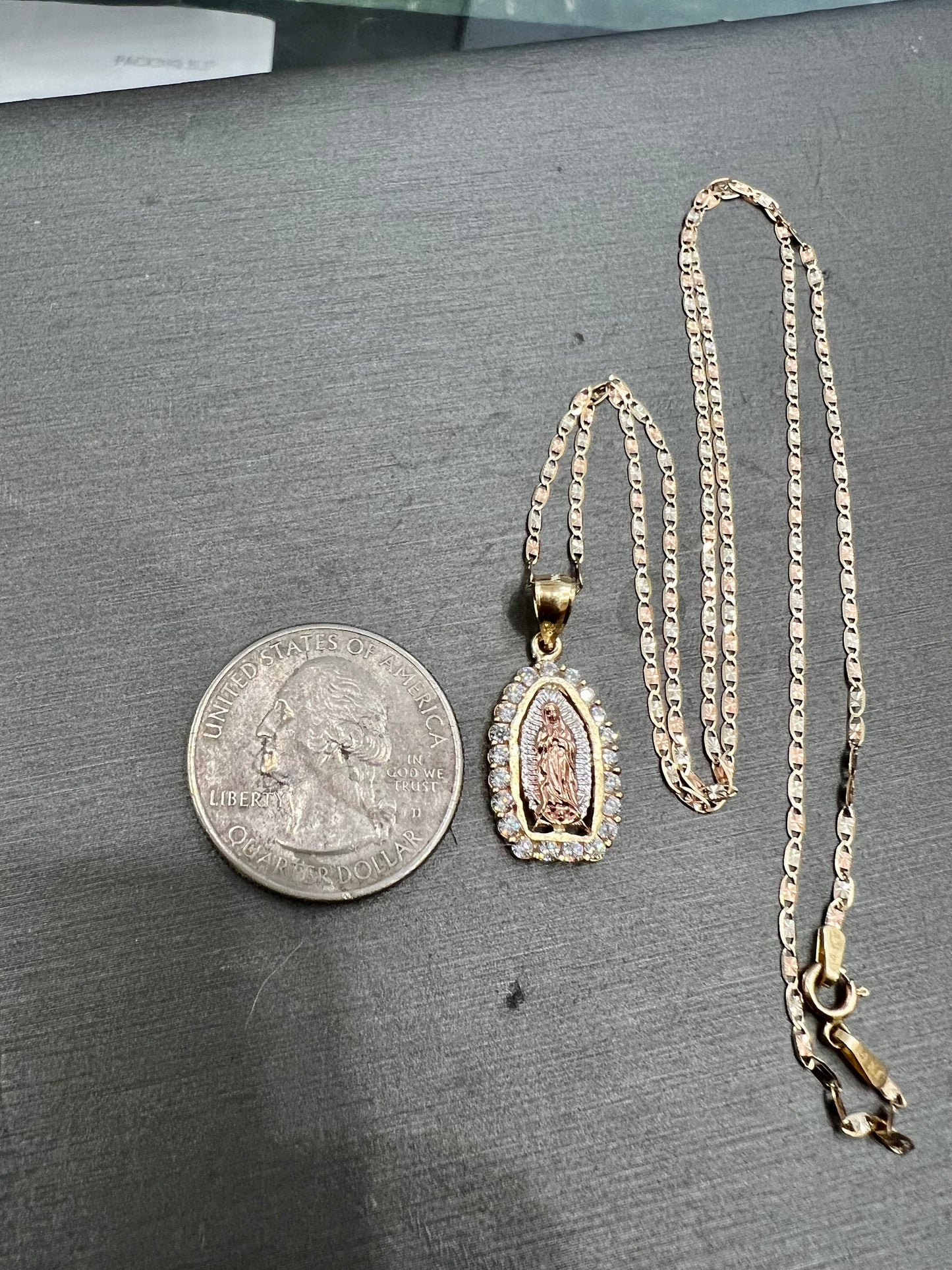 Our Lady of Guadalupe Pendant , 14k Tri-color Gold Religious Our Lady of Guadalupe Pendant with 1.5mm Valentino Diamond Cut Chain Necklace