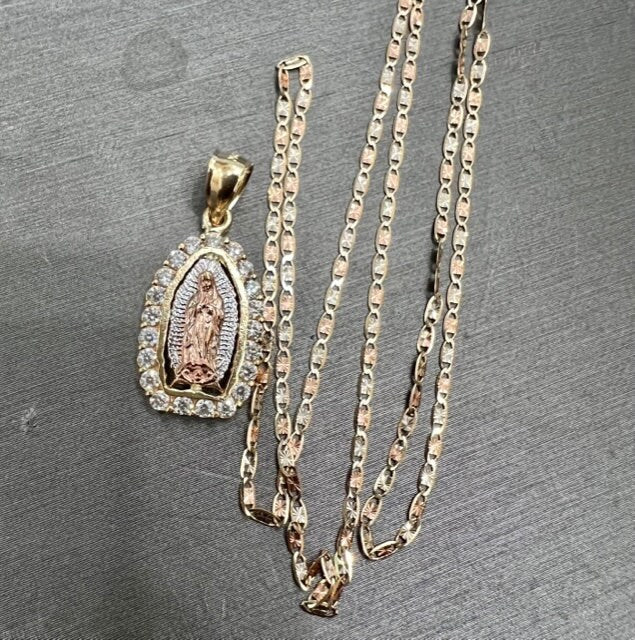 Our Lady of Guadalupe Pendant , 14k Tri-color Gold Religious Our Lady of Guadalupe Pendant with 1.5mm Valentino Diamond Cut Chain Necklace