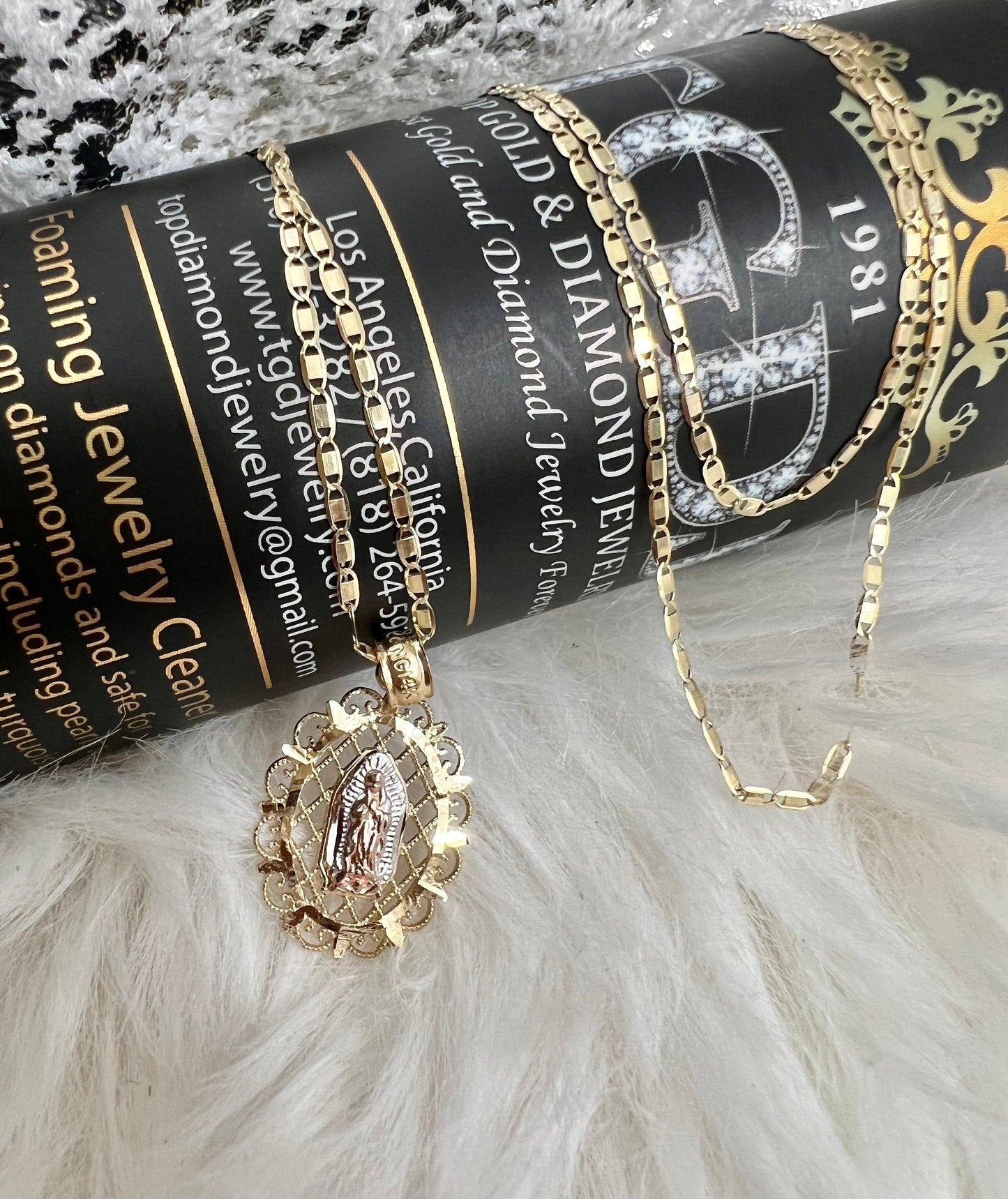 Gold Our Lady of Guadalupe Pendant , 14k Tri-color Gold Religious Our Lady of Guadalupe Pendant with 1.5mm Valentino D Cut Chain Necklace