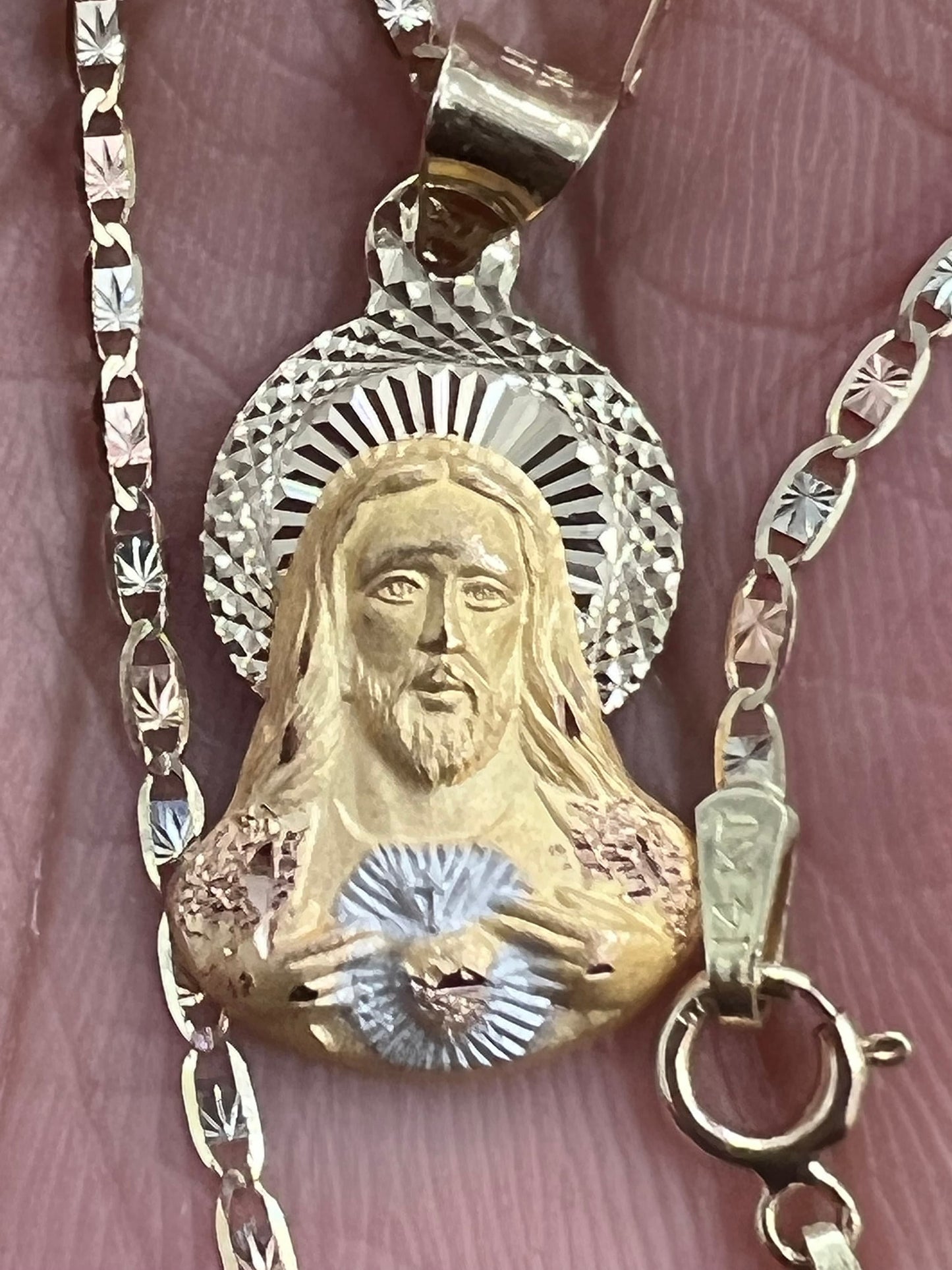 Jesus Stamp face Pendant , 14k Tri-color Gold Jesus Stamp Religious Pendant with 1.5mm Valentino Diamond Cut Chain Necklace