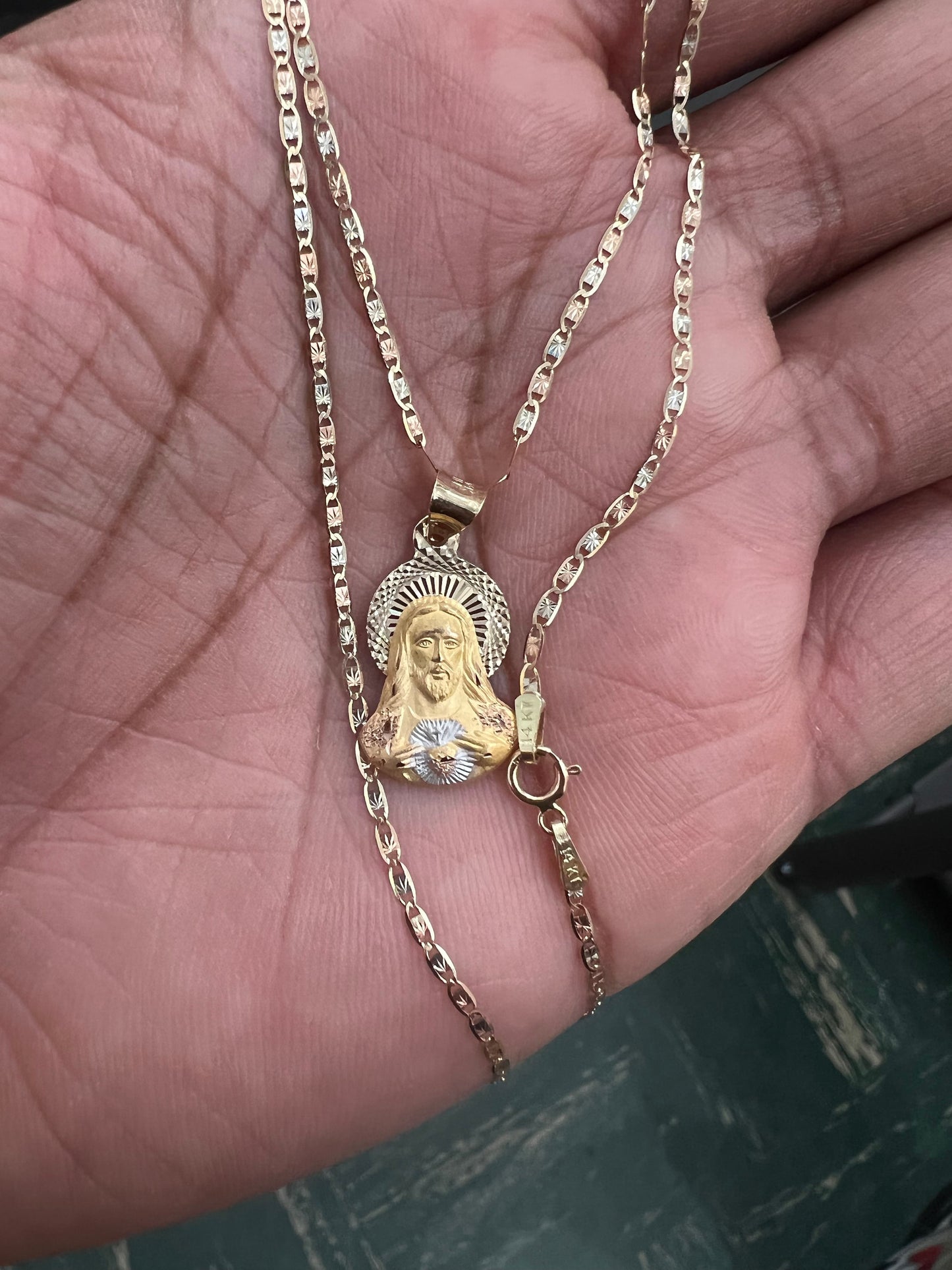 Jesus Stamp face Pendant , 14k Tri-color Gold Jesus Stamp Religious Pendant with 1.5mm Valentino Diamond Cut Chain Necklace