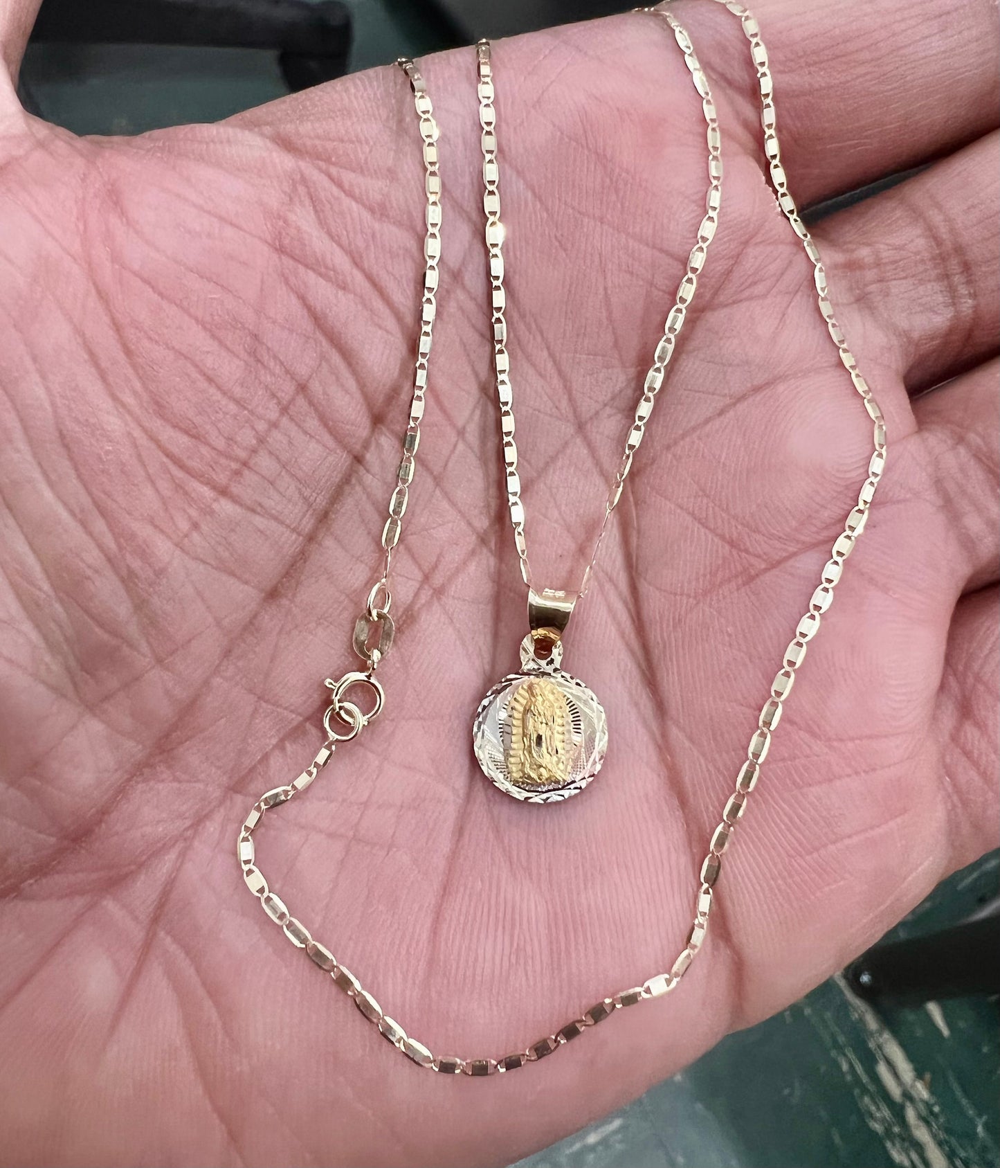 Our Lady of Guadalupe Pendant 14K Tri Tone Gold Lady Guadlupe Stamp Religious Charm Pendant with 1.5mm Valentino Diamond Cut Chain Necklace