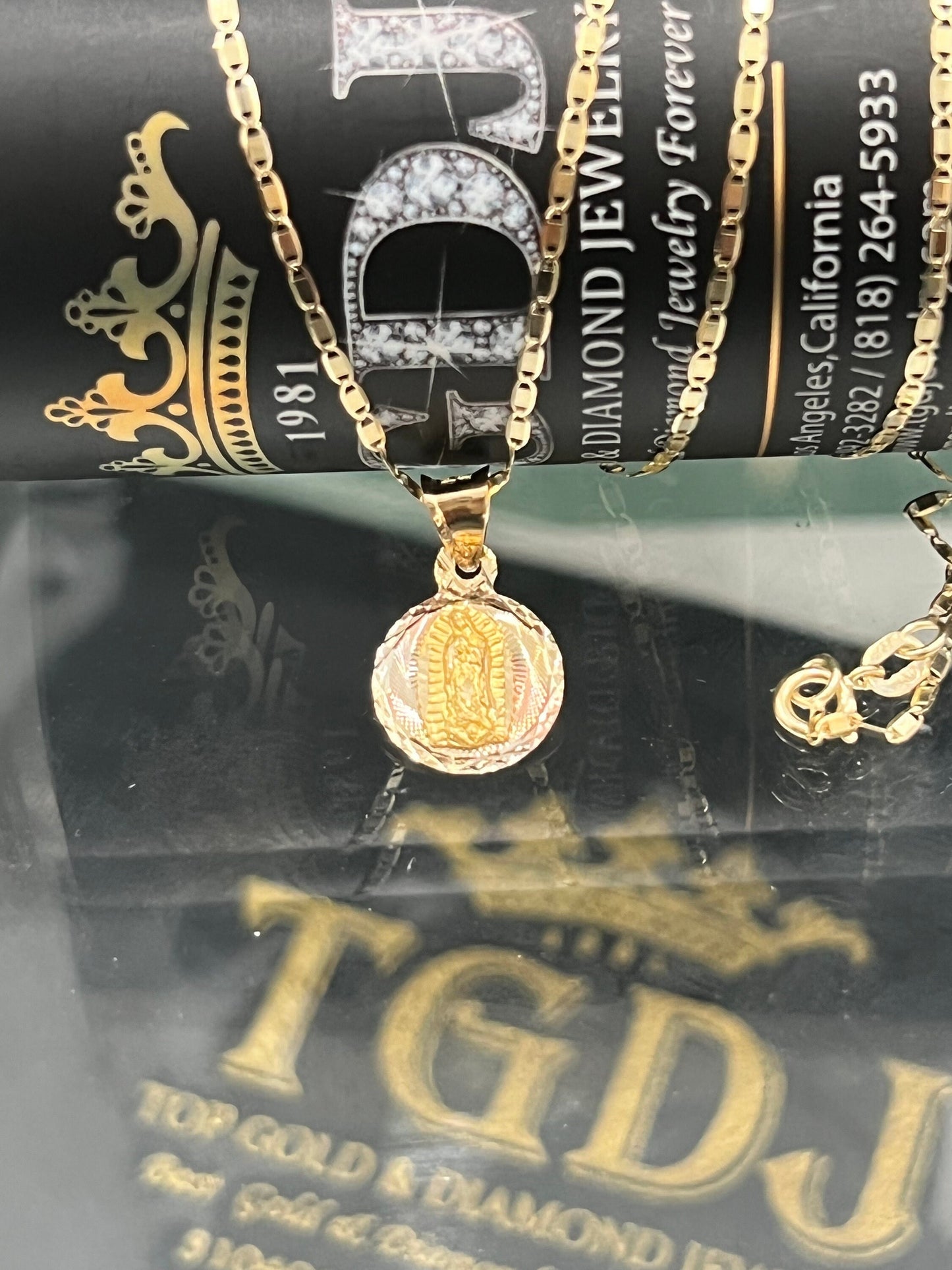 Our Lady of Guadalupe Pendant 14K Tri Tone Gold Lady Guadlupe Stamp Religious Charm Pendant with 1.5mm Valentino Diamond Cut Chain Necklace