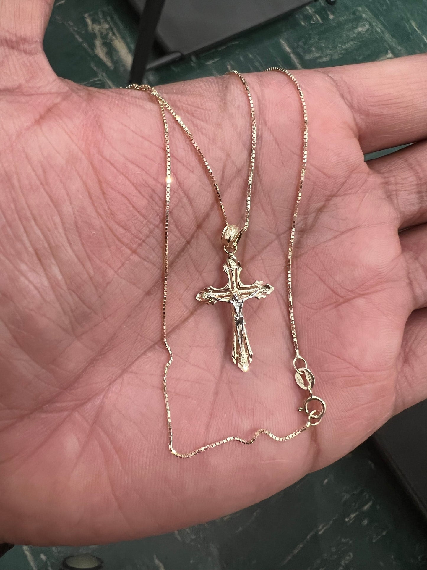14K Real Gold Two Tone Linear Cross Jesus Crucifix Charm Pendant with 0.8mm Box Chain Necklace Crucifix Charm Pendant,