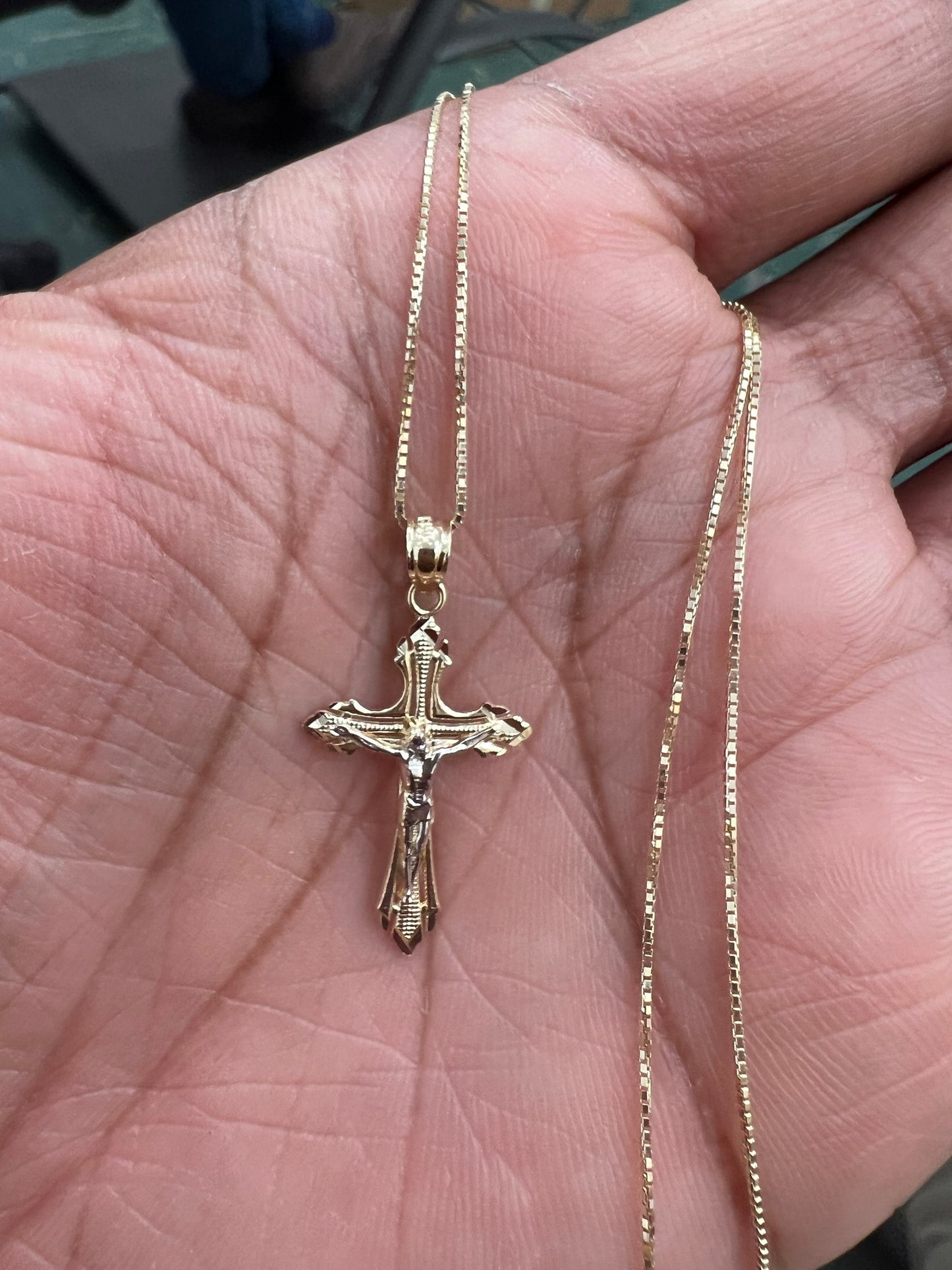 14K Real Gold Two Tone Linear Cross Jesus Crucifix Charm Pendant with 0.8mm Box Chain Necklace Crucifix Charm Pendant,
