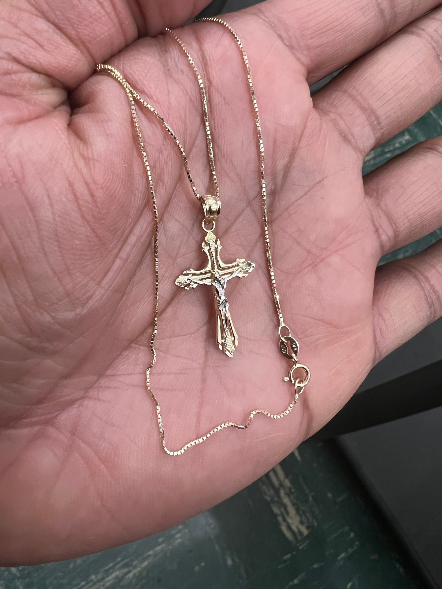 14K Real Gold Two Tone Linear Cross Jesus Crucifix Charm Pendant with 0.8mm Box Chain Necklace Crucifix Charm Pendant,