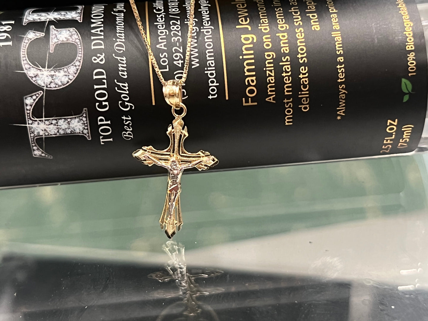 14K Real Gold Two Tone Linear Cross Jesus Crucifix Charm Pendant with 0.8mm Box Chain Necklace Crucifix Charm Pendant,