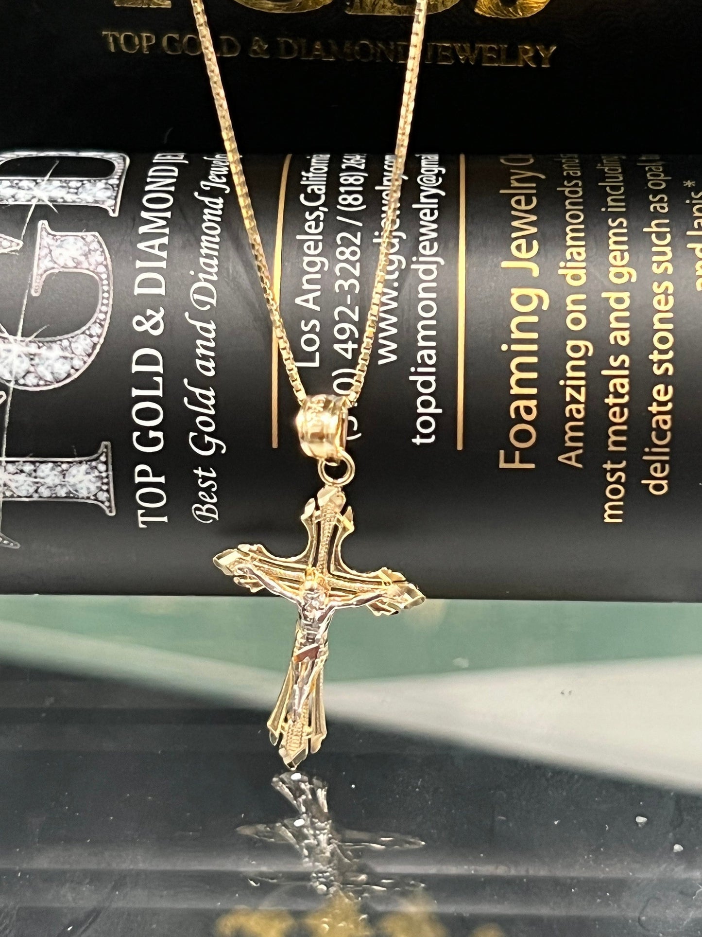 14K Real Gold Two Tone Linear Cross Jesus Crucifix Charm Pendant with 0.8mm Box Chain Necklace Crucifix Charm Pendant,