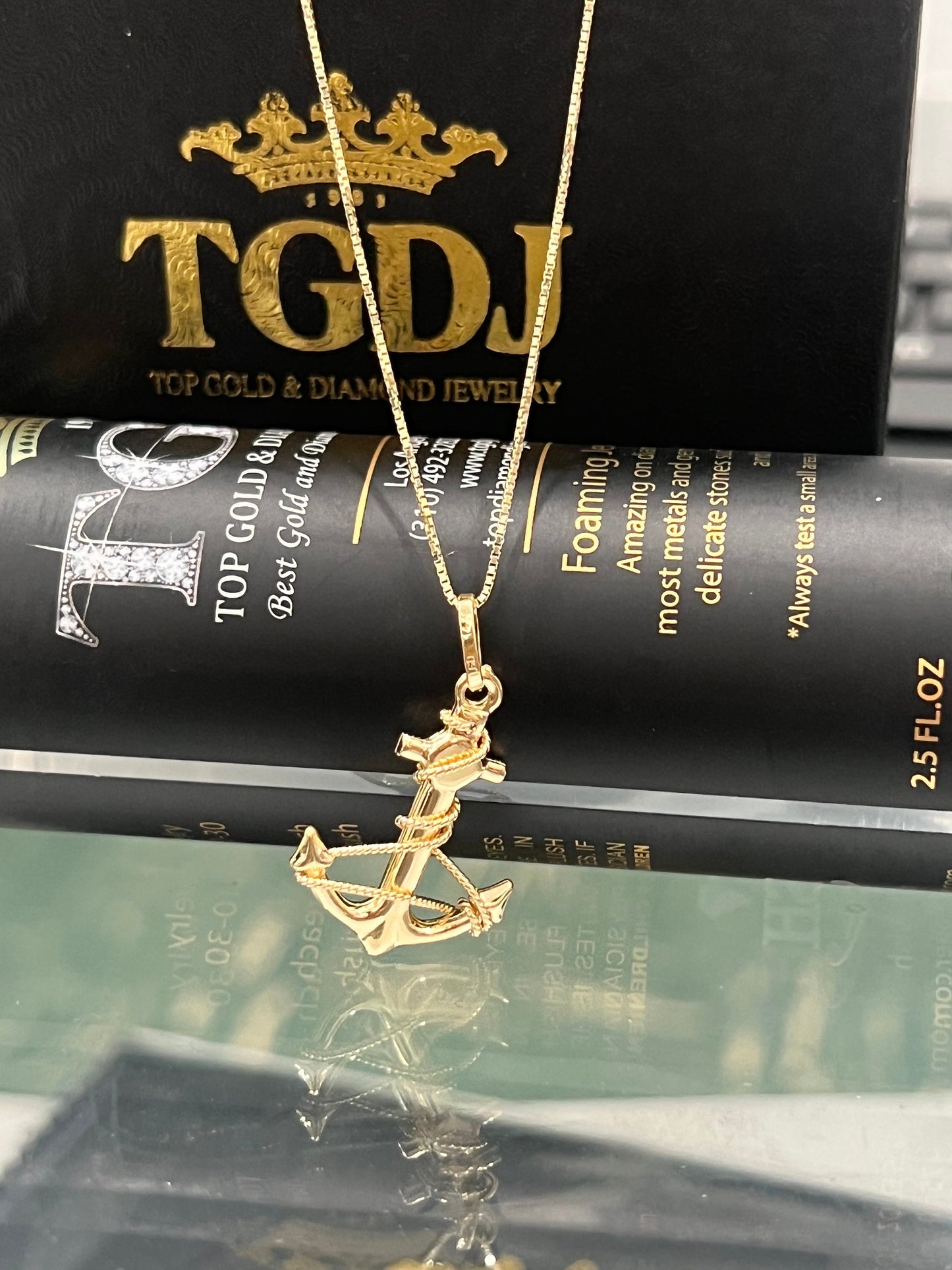 14K Real yellow Gold Anchor Charm Pendant with 0.8mm Box Chain Necklace , Anchor Charm Pendant ,