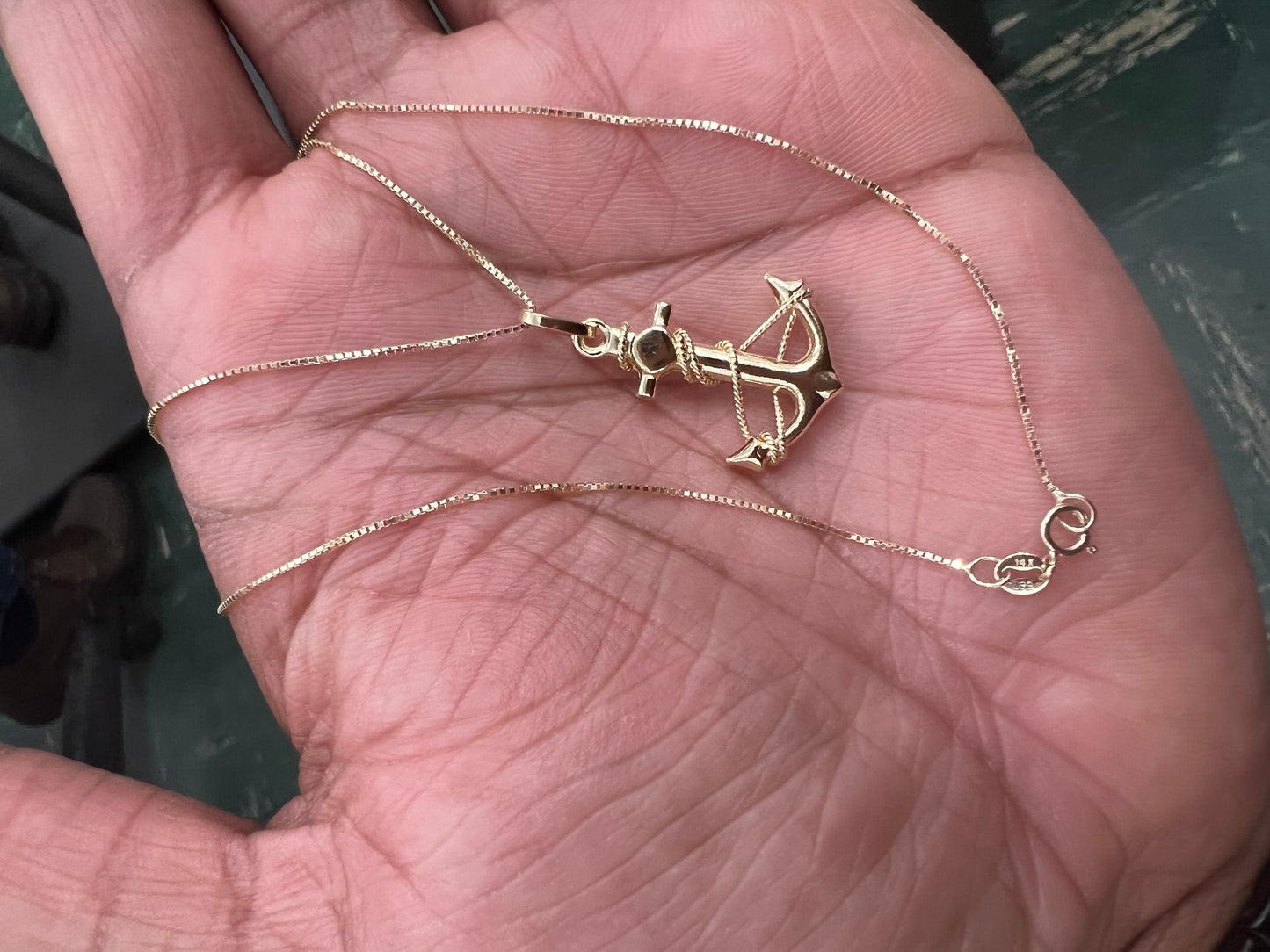 14K Real yellow Gold Anchor Charm Pendant with 0.8mm Box Chain Necklace , Anchor Charm Pendant ,