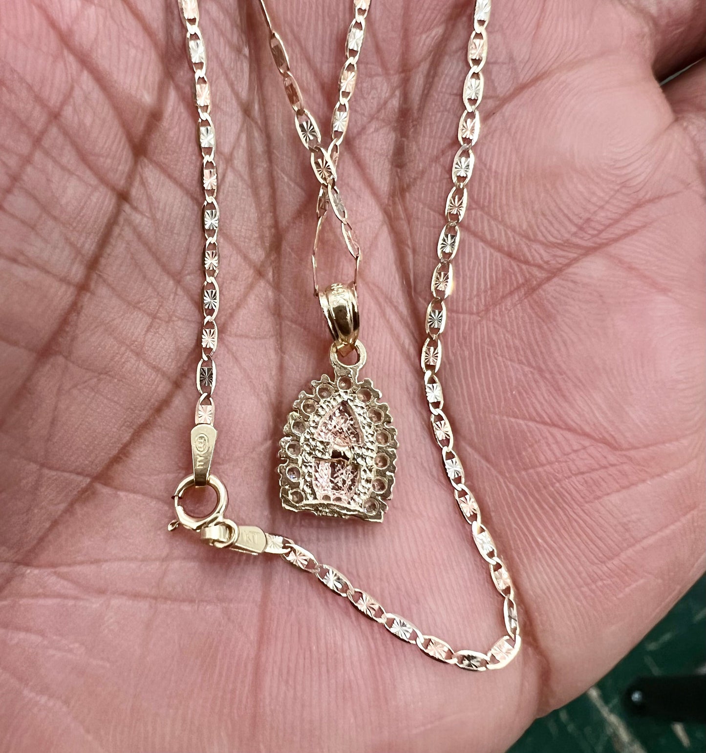 Our Lady of Guadalupe Pendant ,14k Tri-color Gold Religious Our Lady of Guadalupe CZ Pendant with 1.5mm Valentino Diamond Cut Chain Necklace