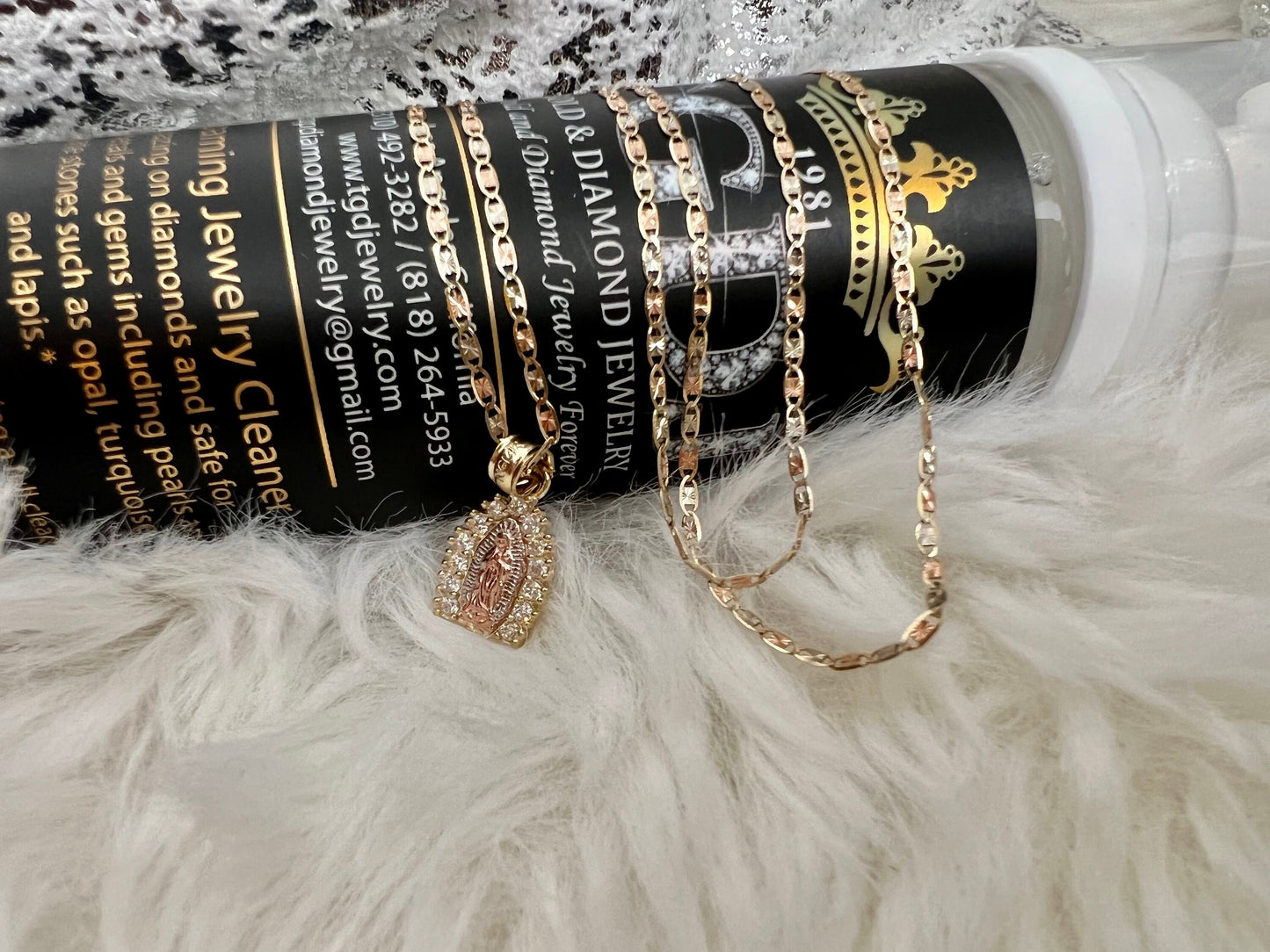 Our Lady of Guadalupe Pendant ,14k Tri-color Gold Religious Our Lady of Guadalupe CZ Pendant with 1.5mm Valentino Diamond Cut Chain Necklace