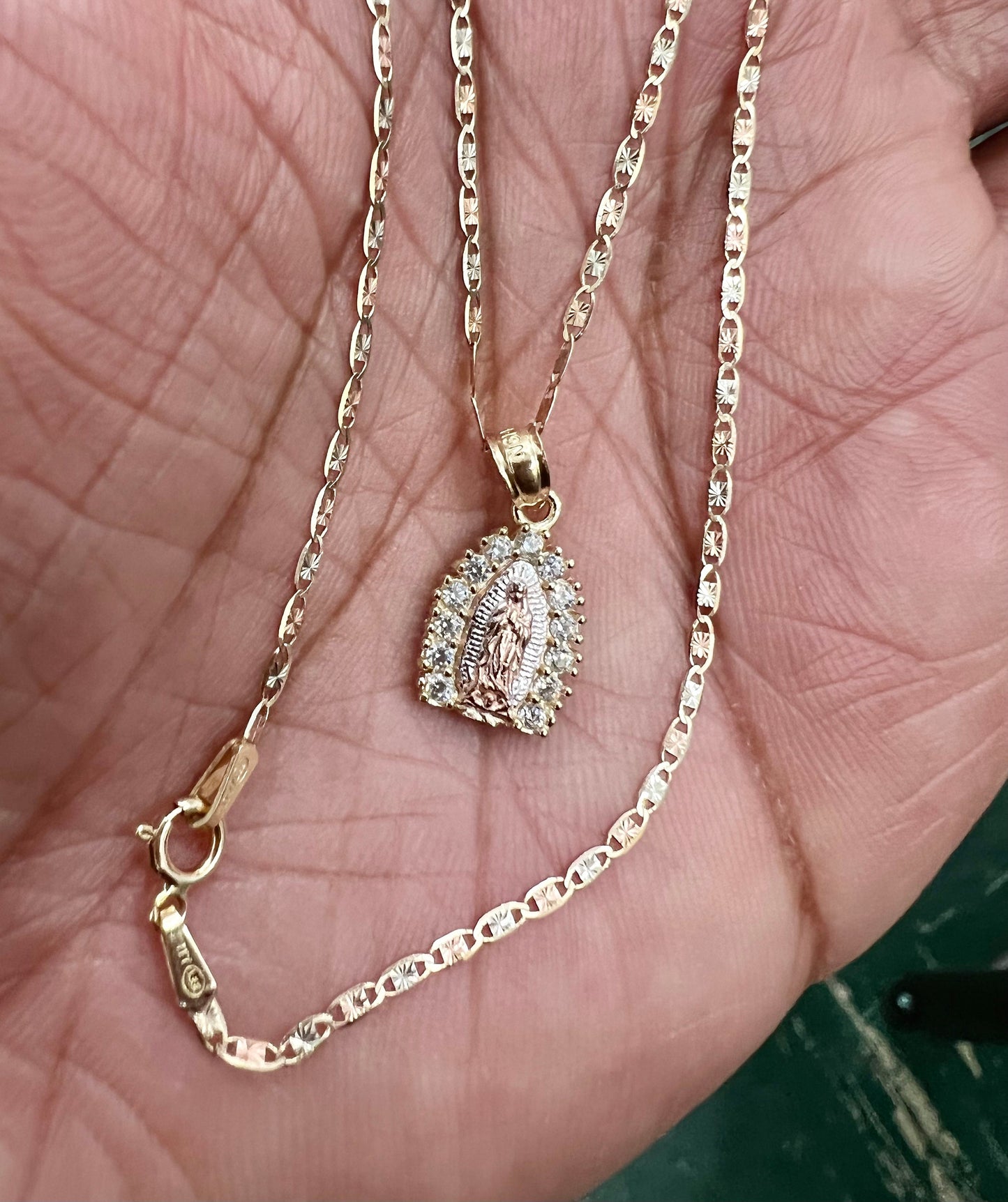 Our Lady of Guadalupe Pendant ,14k Tri-color Gold Religious Our Lady of Guadalupe CZ Pendant with 1.5mm Valentino Diamond Cut Chain Necklace
