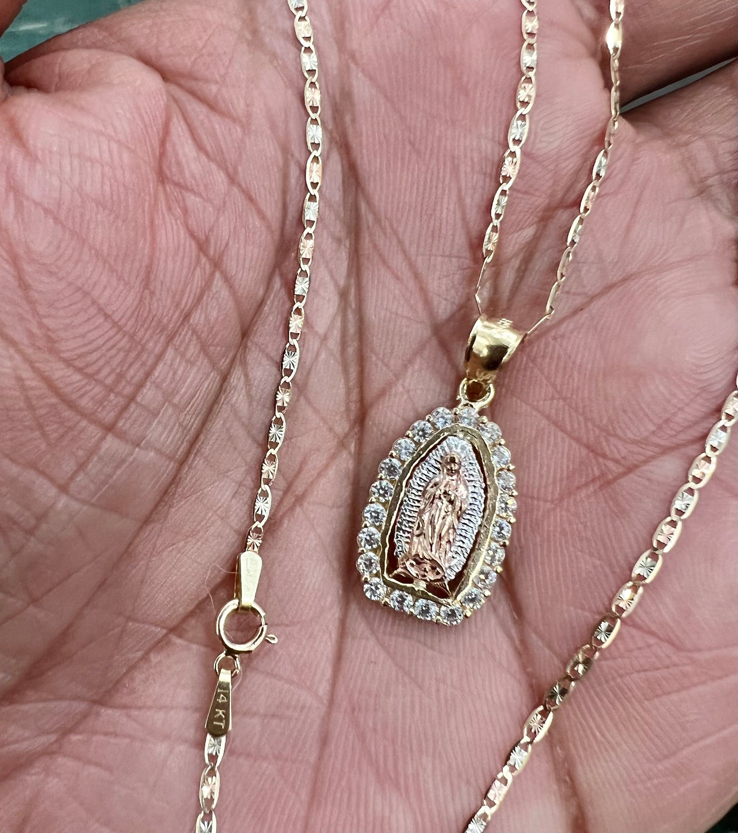 Our Lady of Guadalupe Pendant , 14k Tri-color Gold Religious Our Lady of Guadalupe Pendant with 1.5mm Valentino Diamond Cut Chain Necklace