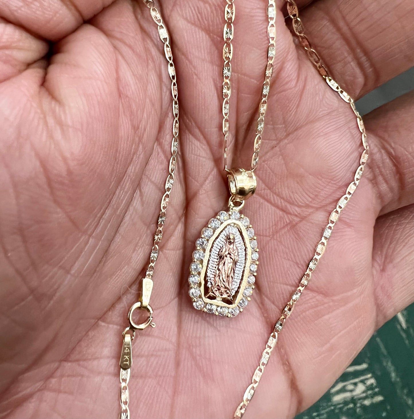 Our Lady of Guadalupe Pendant , 14k Tri-color Gold Religious Our Lady of Guadalupe Pendant with 1.5mm Valentino Diamond Cut Chain Necklace