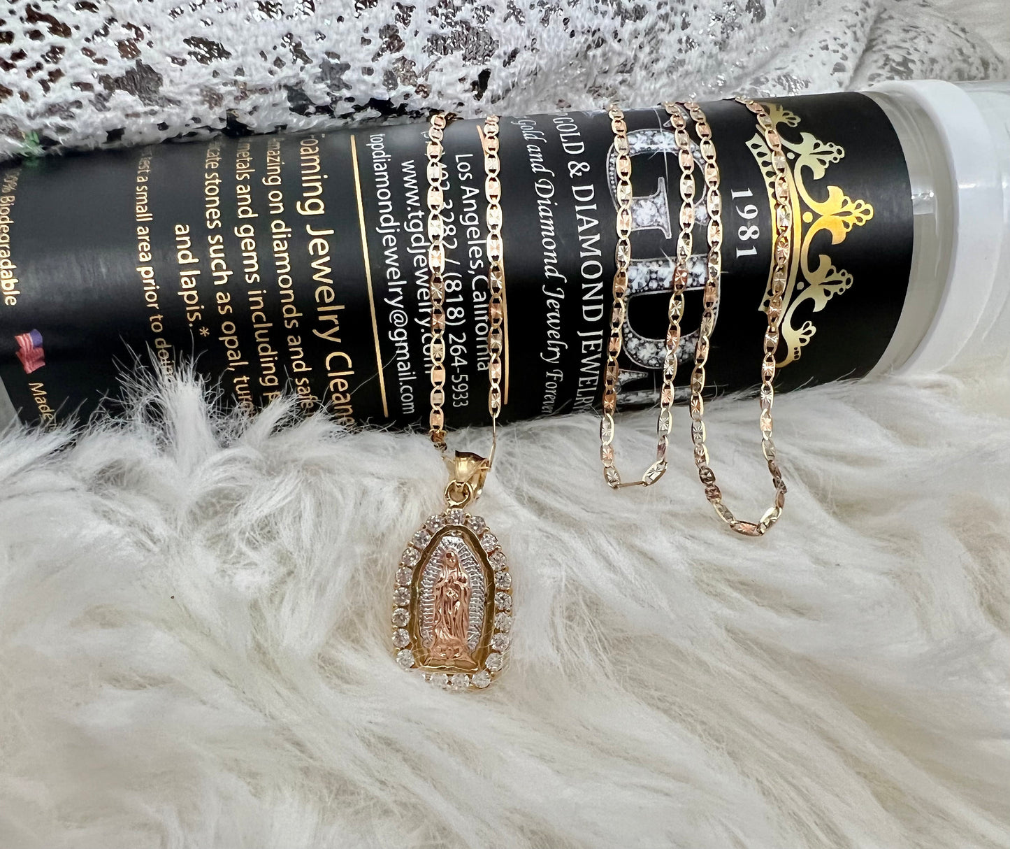 Our Lady of Guadalupe Pendant , 14k Tri-color Gold Religious Our Lady of Guadalupe Pendant with 1.5mm Valentino Diamond Cut Chain Necklace