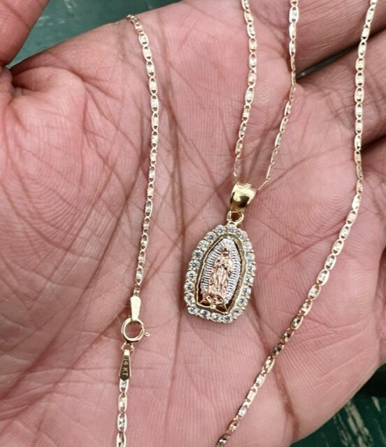 Our Lady of Guadalupe Pendant , 14k Tri-color Gold Religious Our Lady of Guadalupe Pendant with 1.5mm Valentino Diamond Cut Chain Necklace