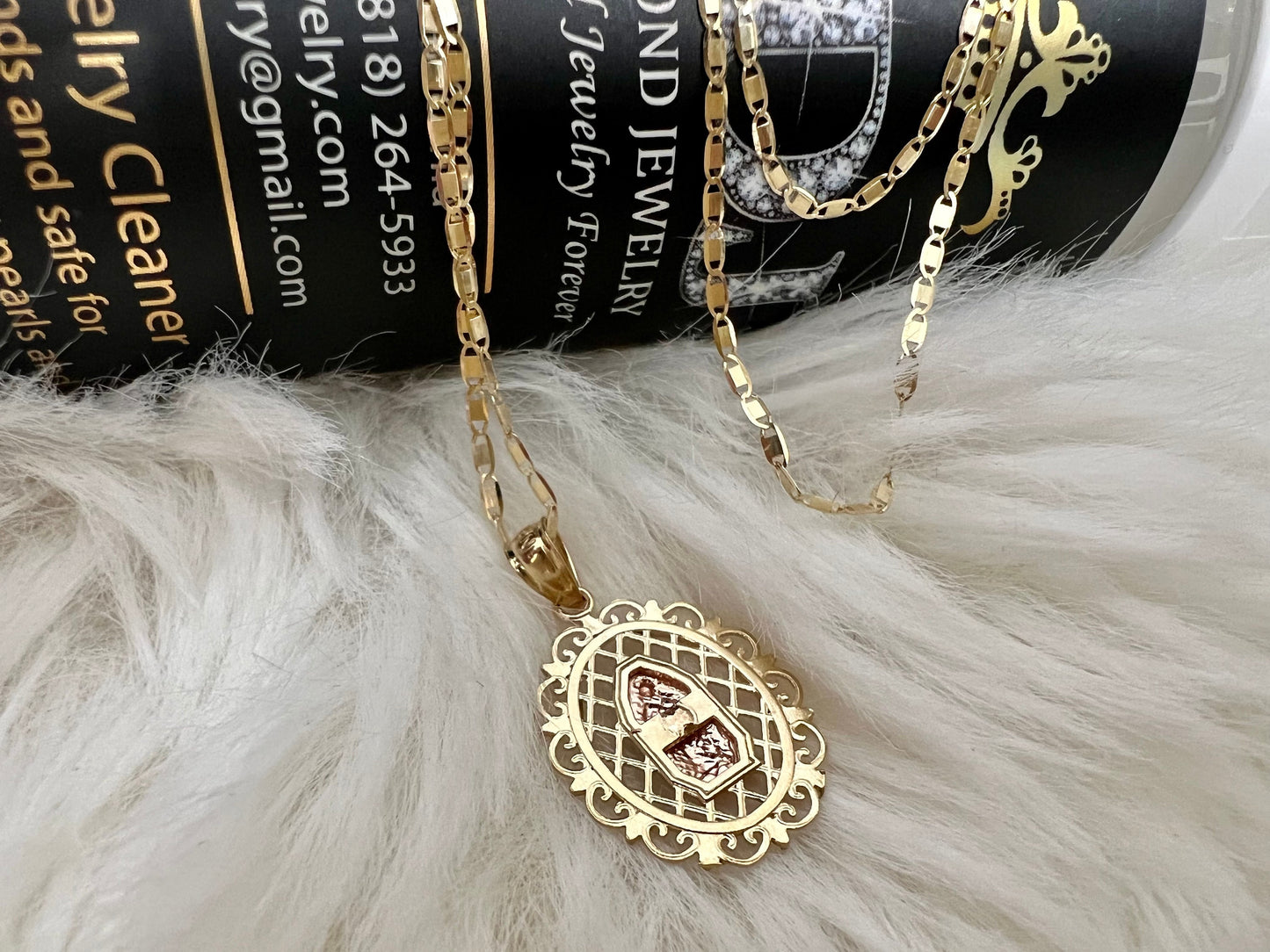 Gold Our Lady of Guadalupe Pendant , 14k Tri-color Gold Religious Our Lady of Guadalupe Pendant with 1.5mm Valentino D Cut Chain Necklace