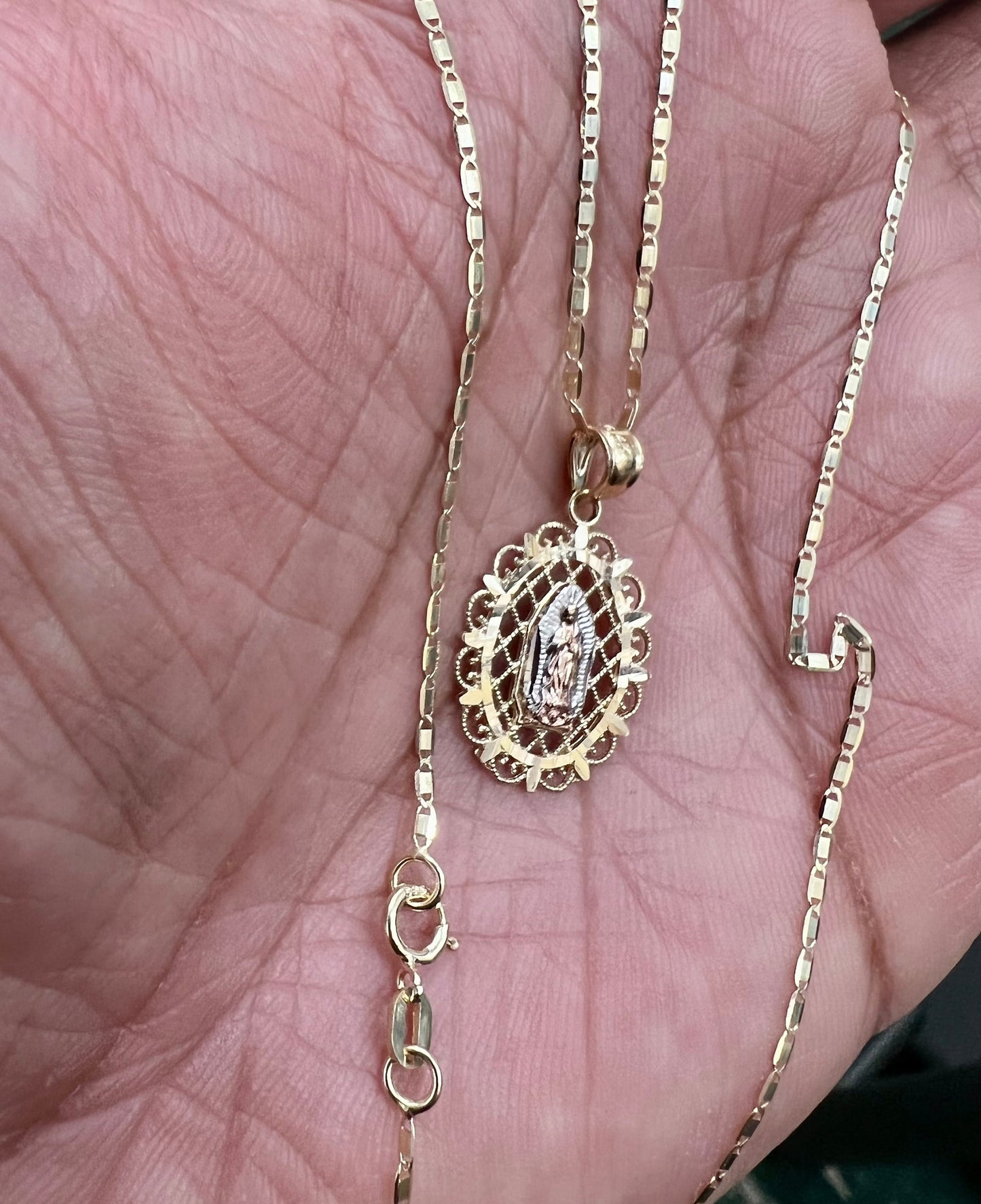 Gold Our Lady of Guadalupe Pendant , 14k Tri-color Gold Religious Our Lady of Guadalupe Pendant with 1.5mm Valentino D Cut Chain Necklace