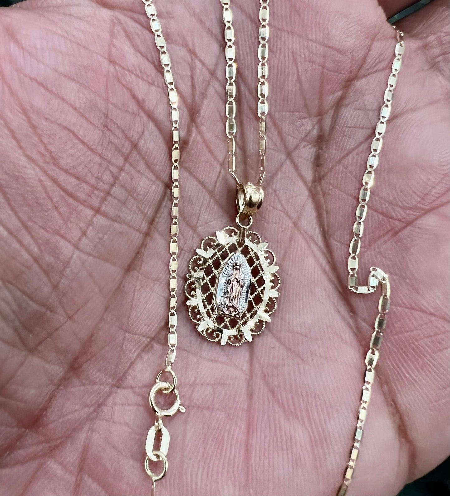 Gold Our Lady of Guadalupe Pendant , 14k Tri-color Gold Religious Our Lady of Guadalupe Pendant with 1.5mm Valentino D Cut Chain Necklace